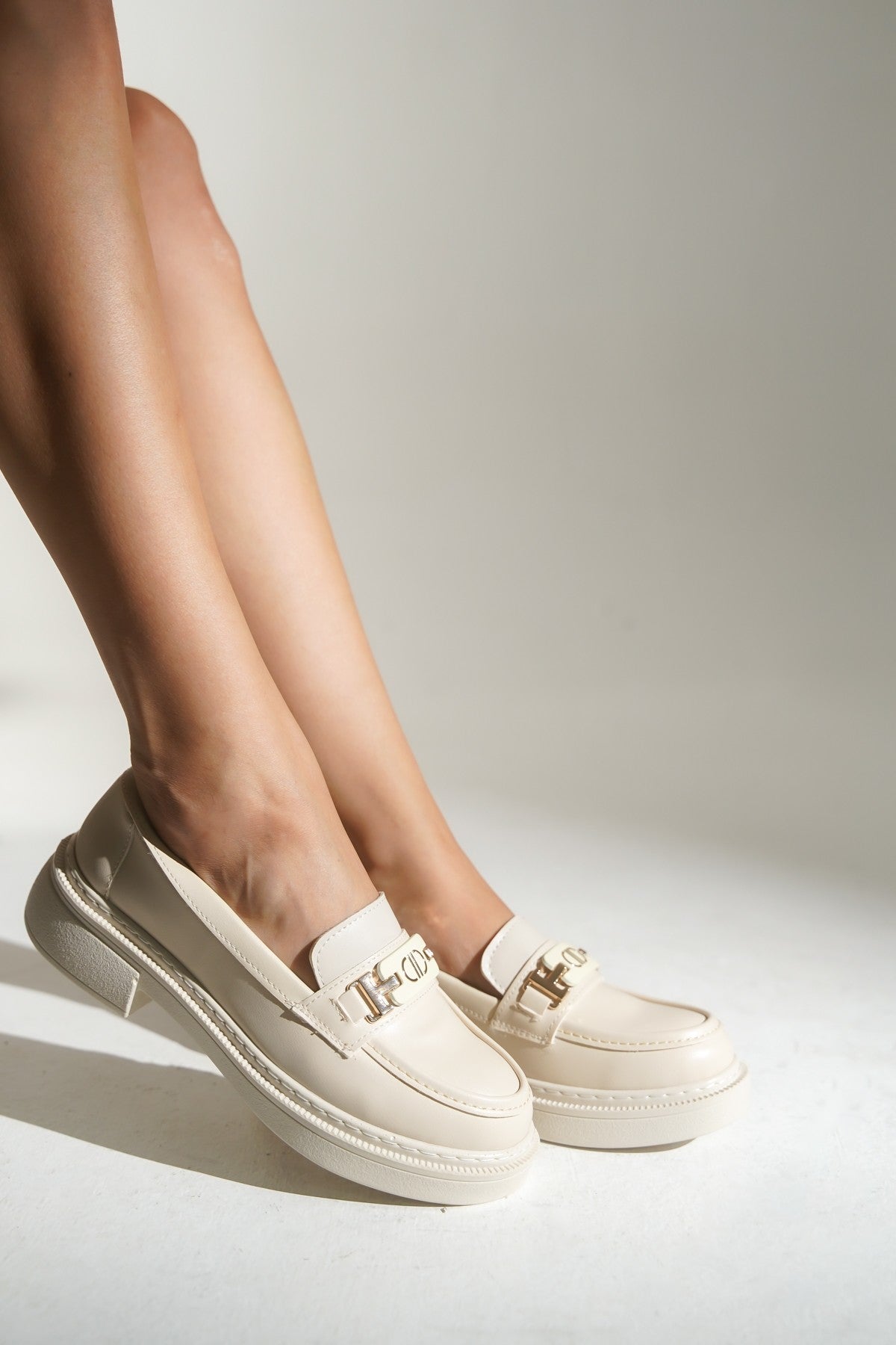 Bej Kadın Loafer Günlük Rahat Ayakkabı , Okul, Kolej Lise Ayakkabısı Makosen