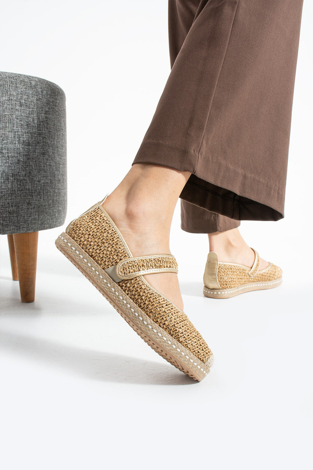 Altın Kadın Hasır Espadril Comfort Yumuşak Taban Ergonomik Rahat