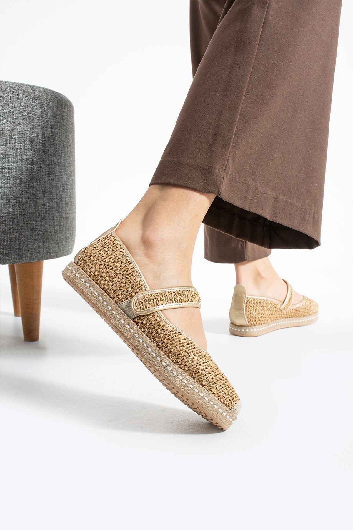 Altın Kadın Hasır Espadril Comfort Yumuşak Taban Ergonomik Rahat