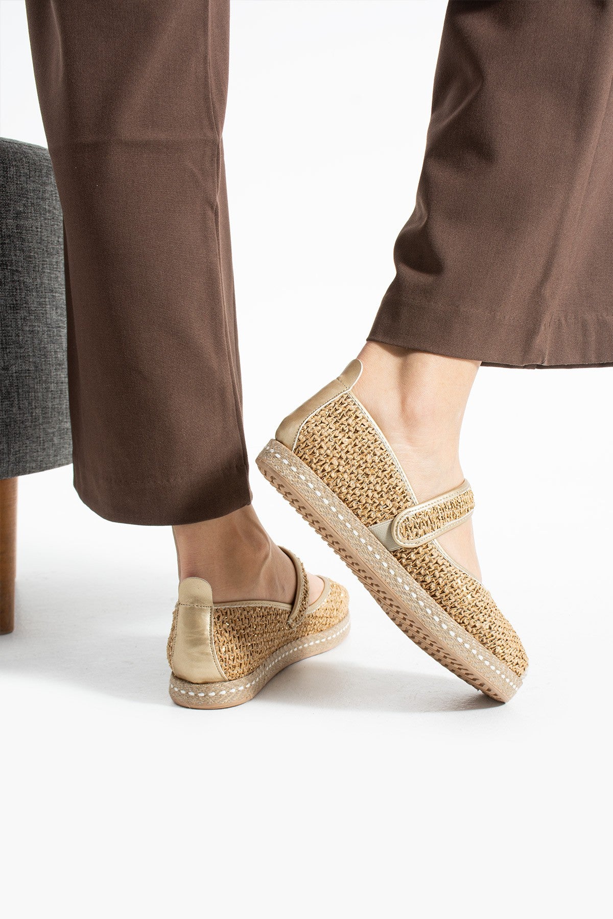 Altın Kadın Hasır Espadril Comfort Yumuşak Taban Ergonomik Rahat