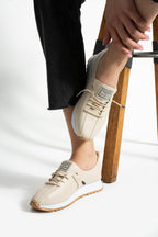 Bej Bağcıklı Spor Ayakkabı Comfort Yumuşak Tabanlı Bağcıklı Snekaer