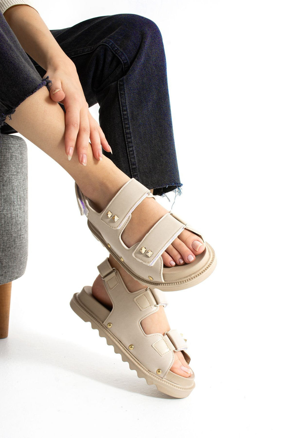 Bej Kadın Çift Tokalı Rahat Anatomik Comfort Ergonomik Flatform Sandalet