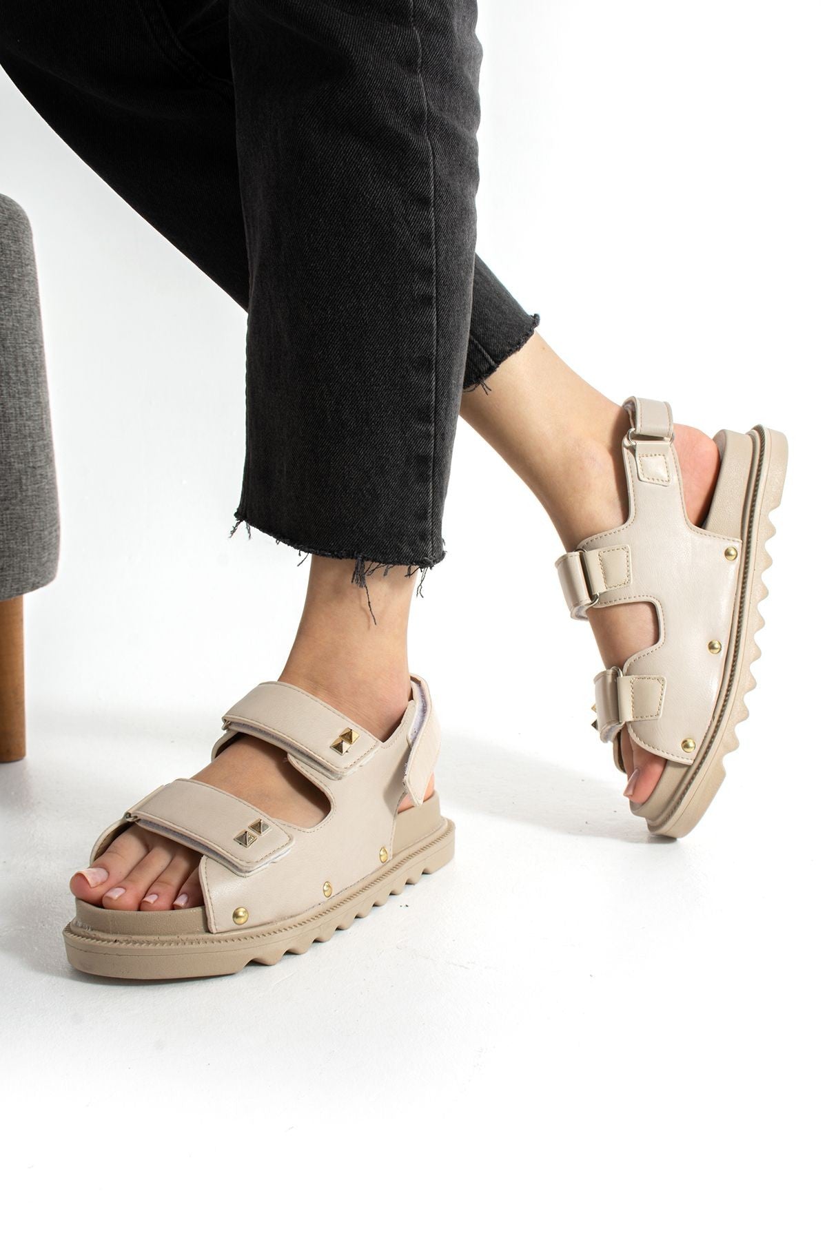 Bej Kadın Çift Tokalı Rahat Anatomik Comfort Ergonomik Flatform Sandalet