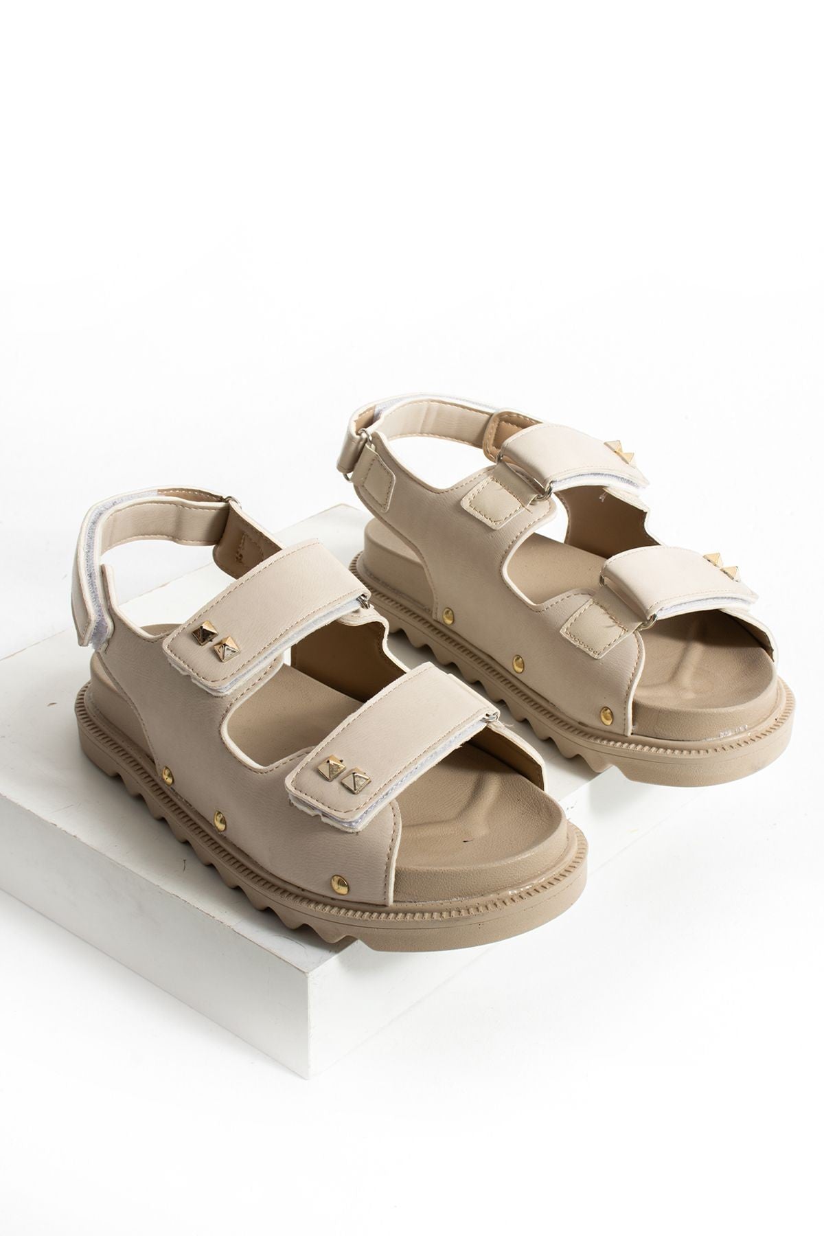Bej Kadın Çift Tokalı Rahat Anatomik Comfort Ergonomik Flatform Sandalet