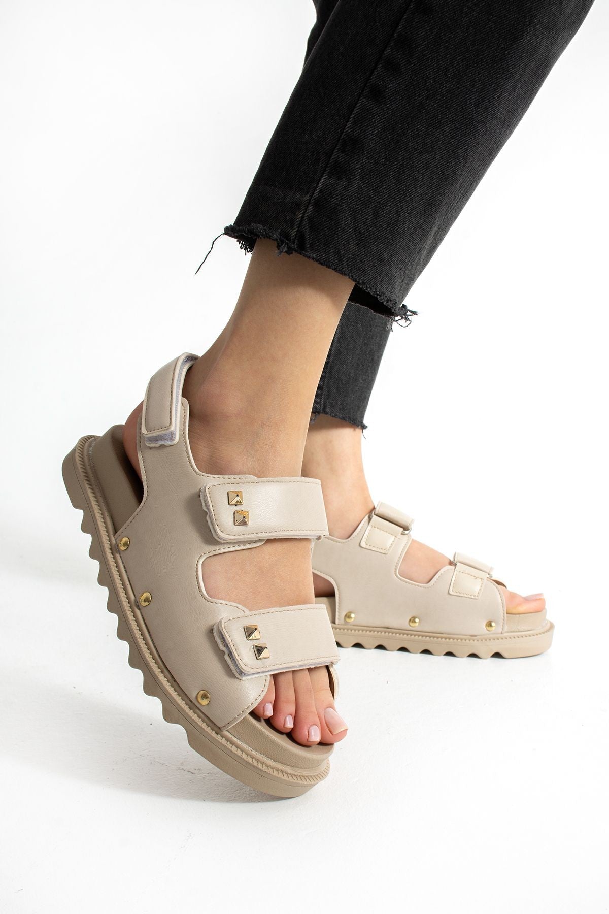 Bej Kadın Çift Tokalı Rahat Anatomik Comfort Ergonomik Flatform Sandalet
