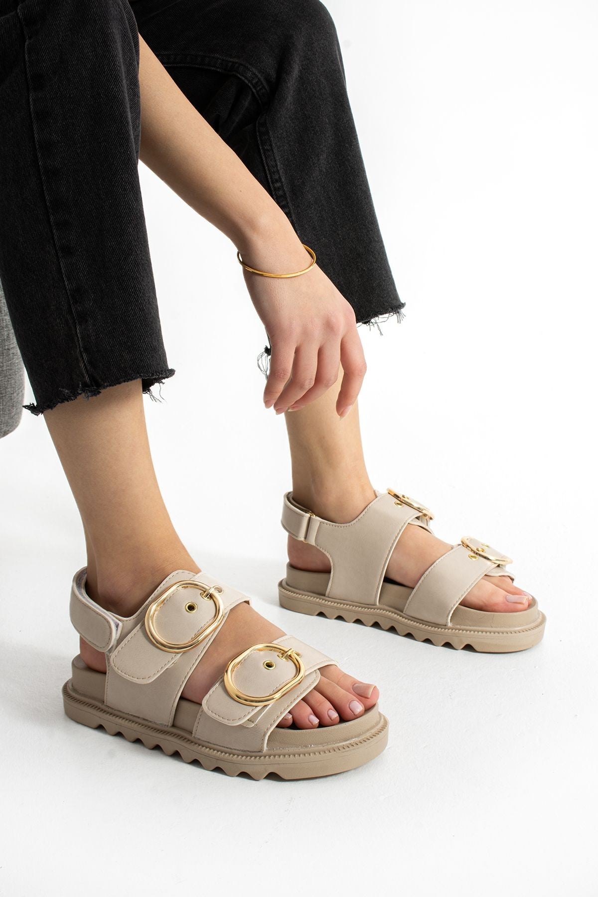 Bej Kadın Çift Tokalı Rahat Anatomik Comfort Ergonomik Flatform Sandalet