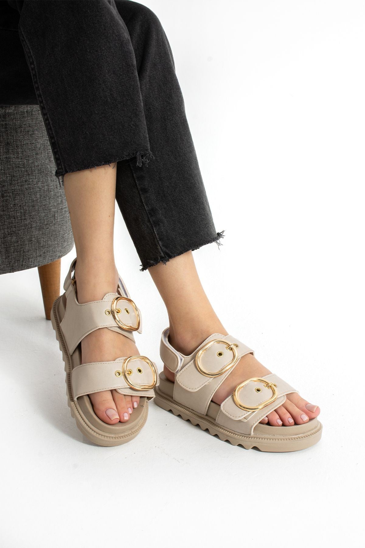 Bej Kadın Çift Tokalı Rahat Anatomik Comfort Ergonomik Flatform Sandalet