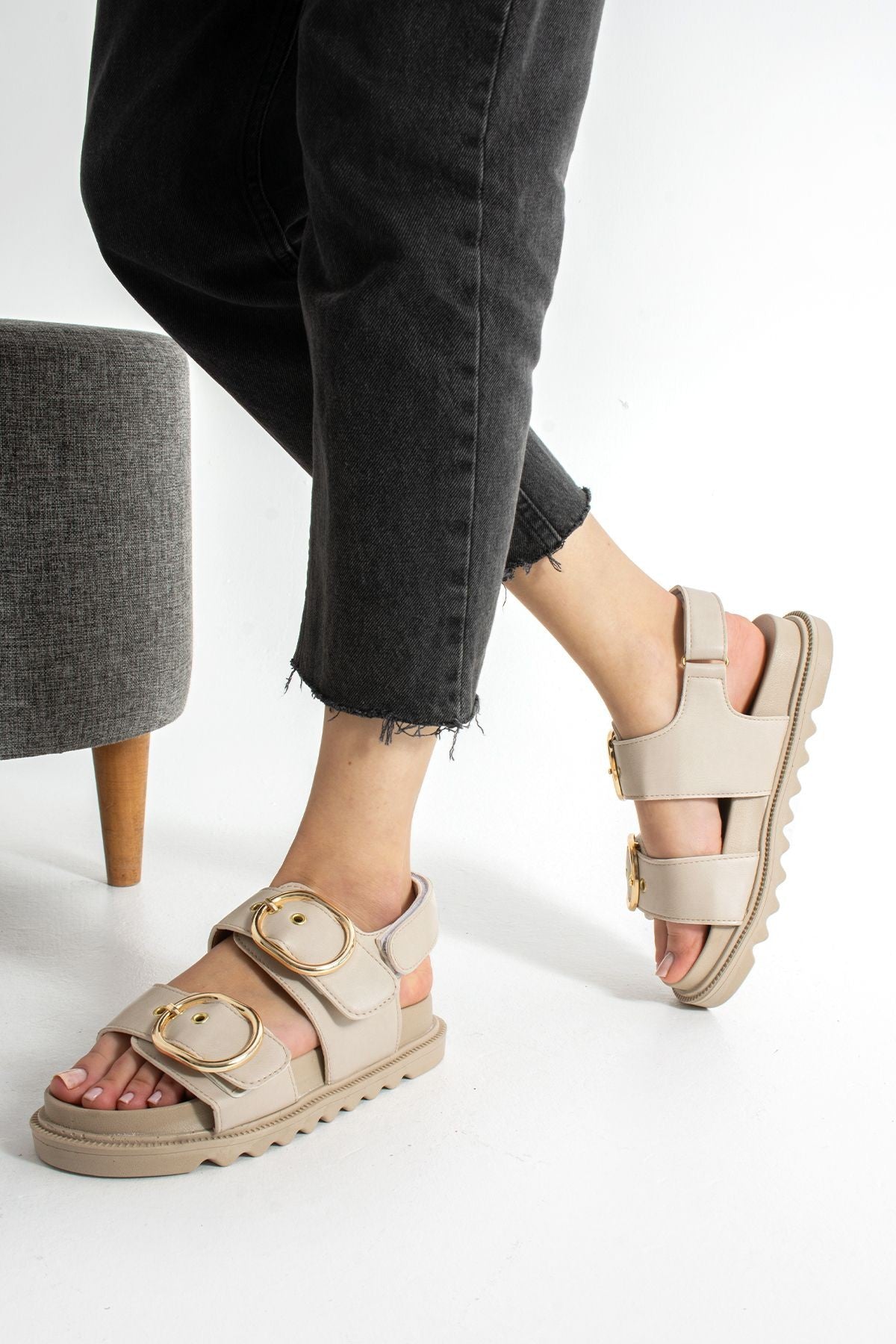 Bej Kadın Çift Tokalı Rahat Anatomik Comfort Ergonomik Flatform Sandalet