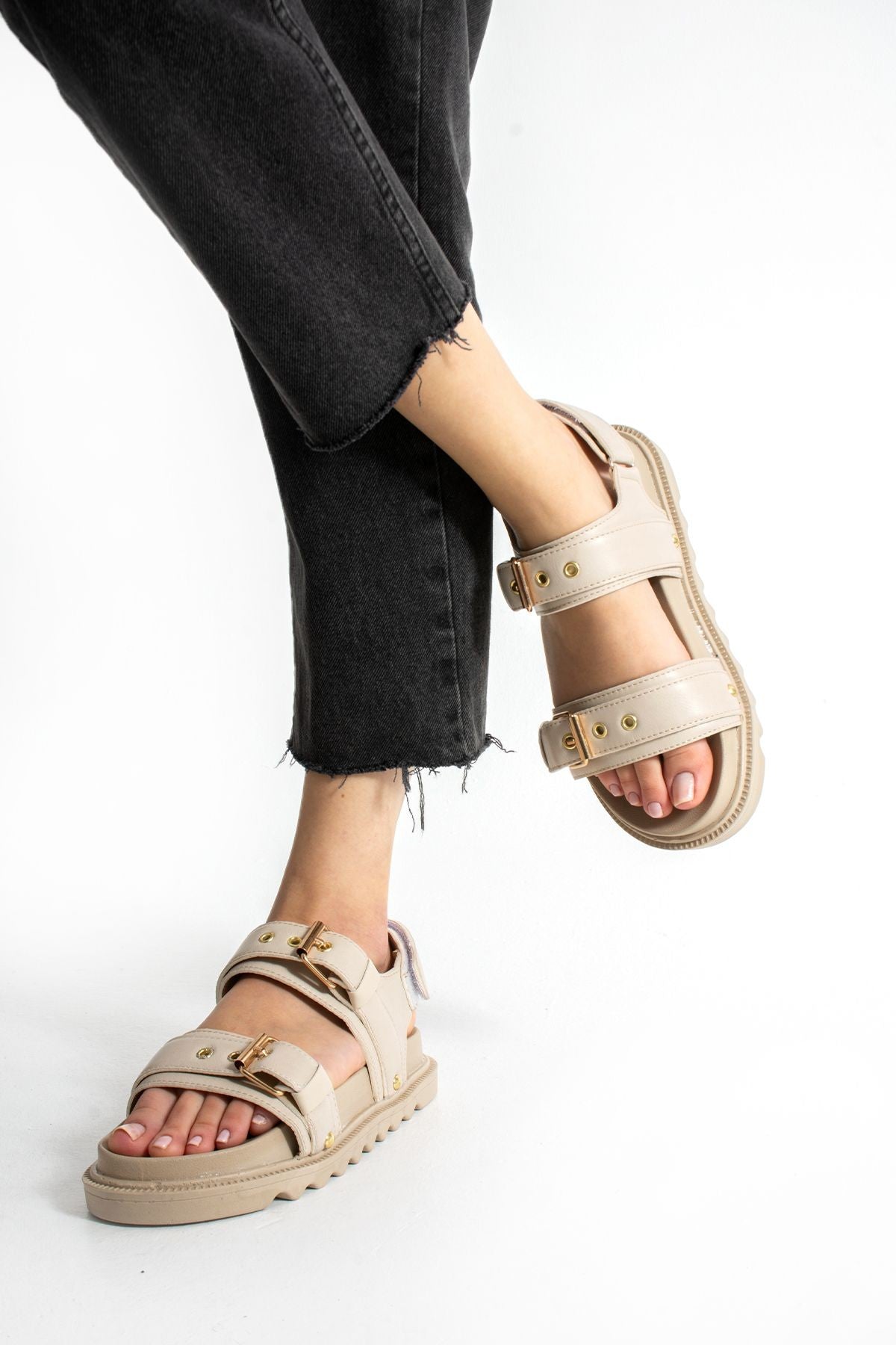 Bej Kadın Çift Tokalı Rahat Anatomik Comfort Ergonomik Flatform Sandalet