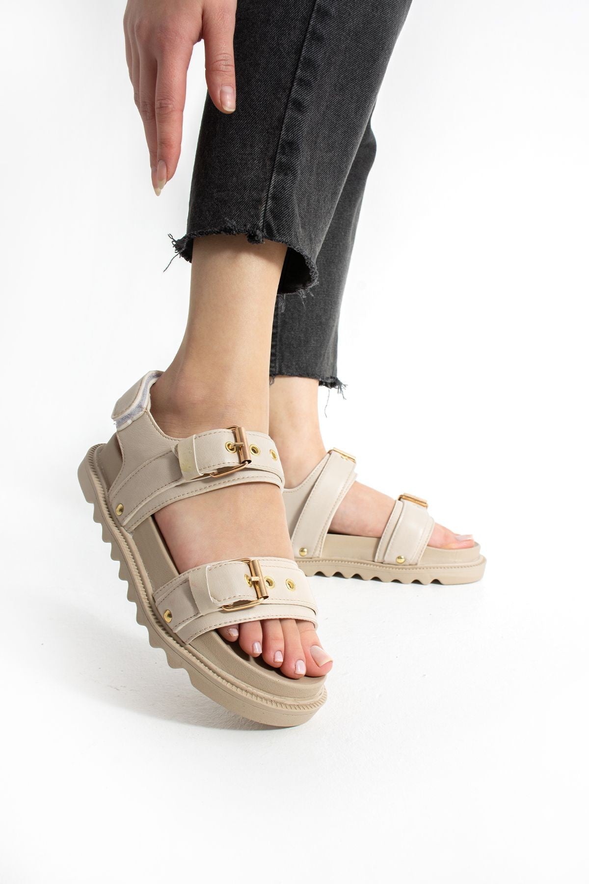 Bej Kadın Çift Tokalı Rahat Anatomik Comfort Ergonomik Flatform Sandalet