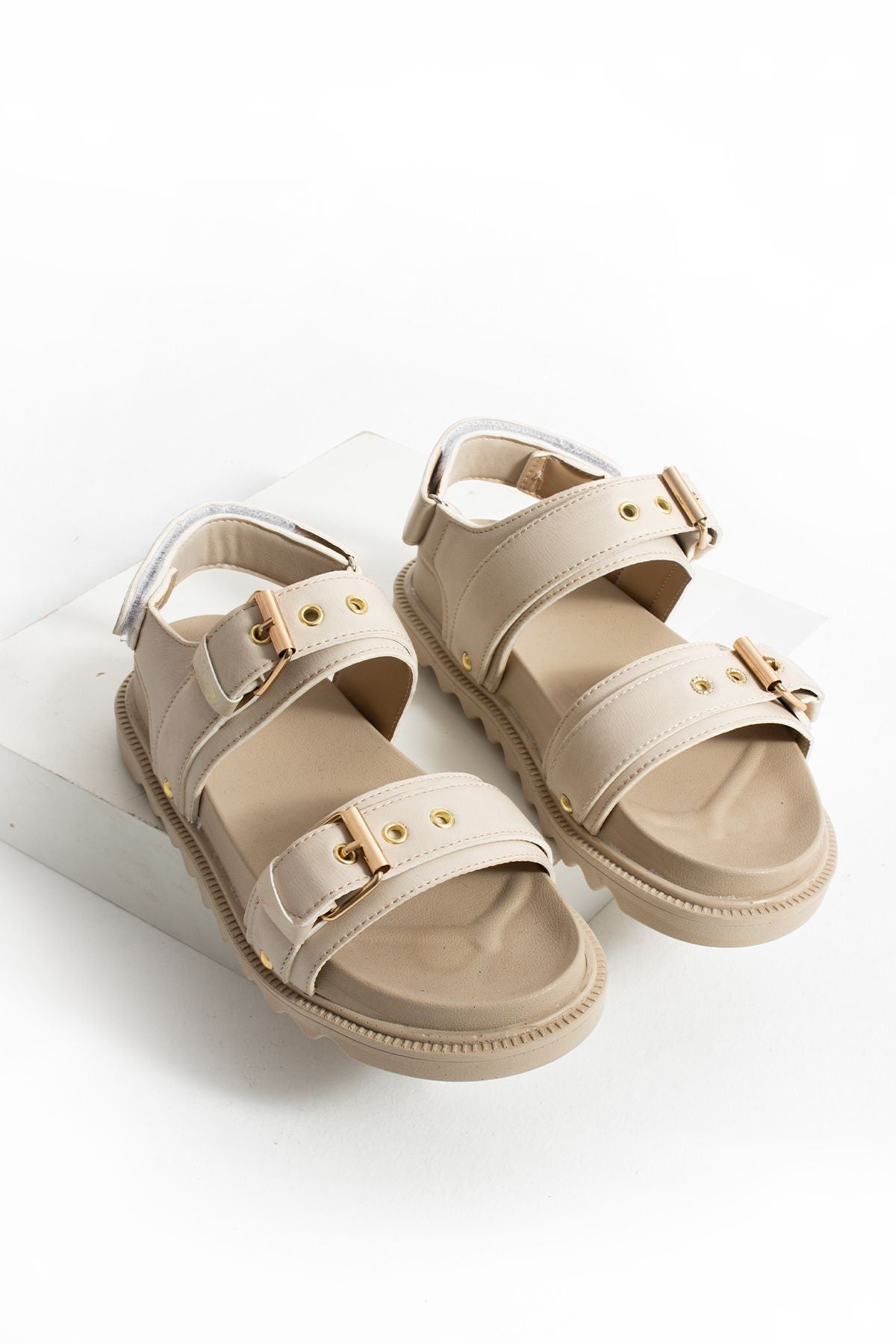 Bej Kadın Çift Tokalı Rahat Anatomik Comfort Ergonomik Flatform Sandalet