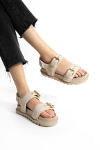 Bej Kadın Çift Tokalı Rahat Anatomik Comfort Ergonomik Flatform Sandalet