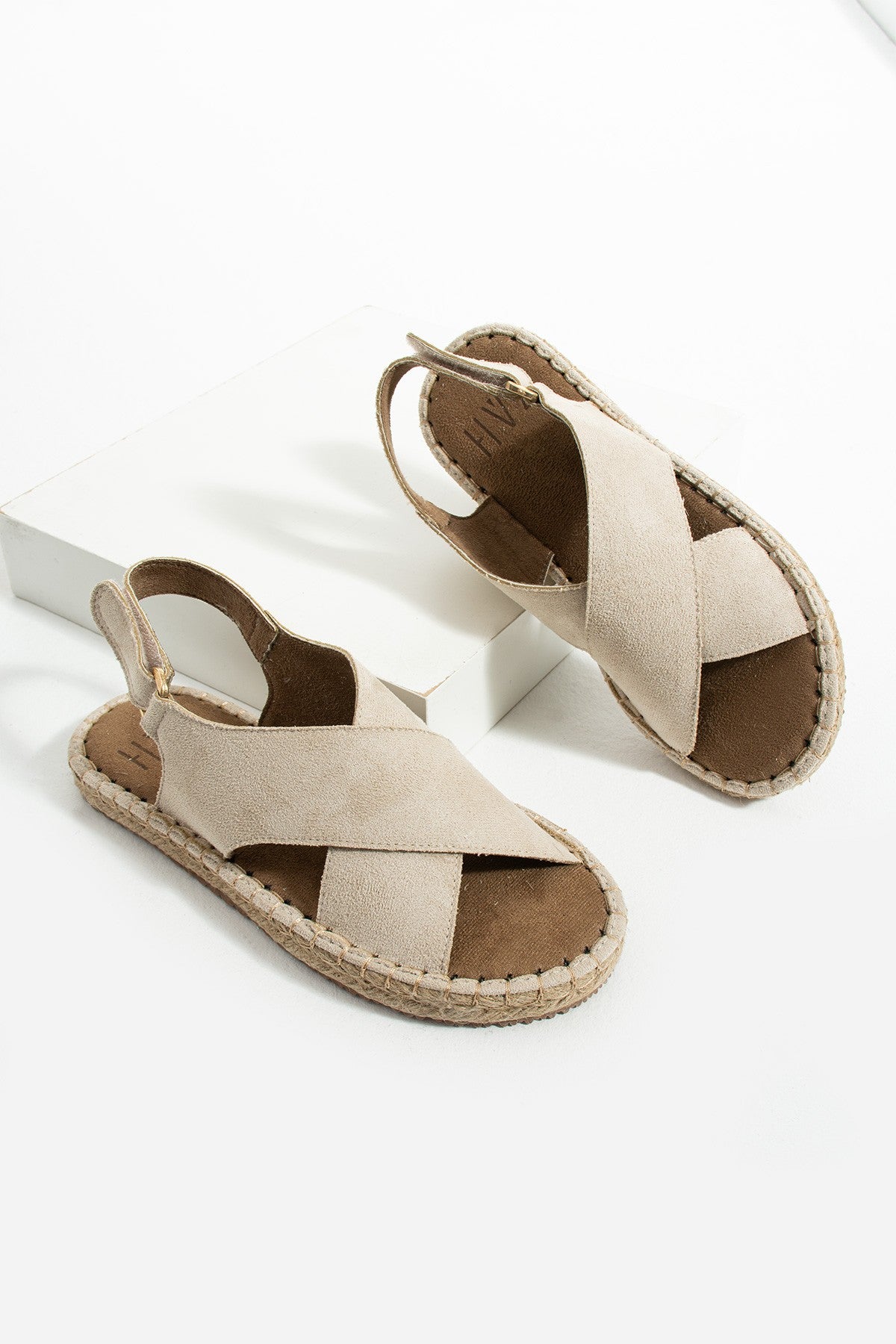 Bej Kadın Hasır Taban Anatomik Comfort Espadril Ergonomik Arka Cırtlı Günlük Sandalet