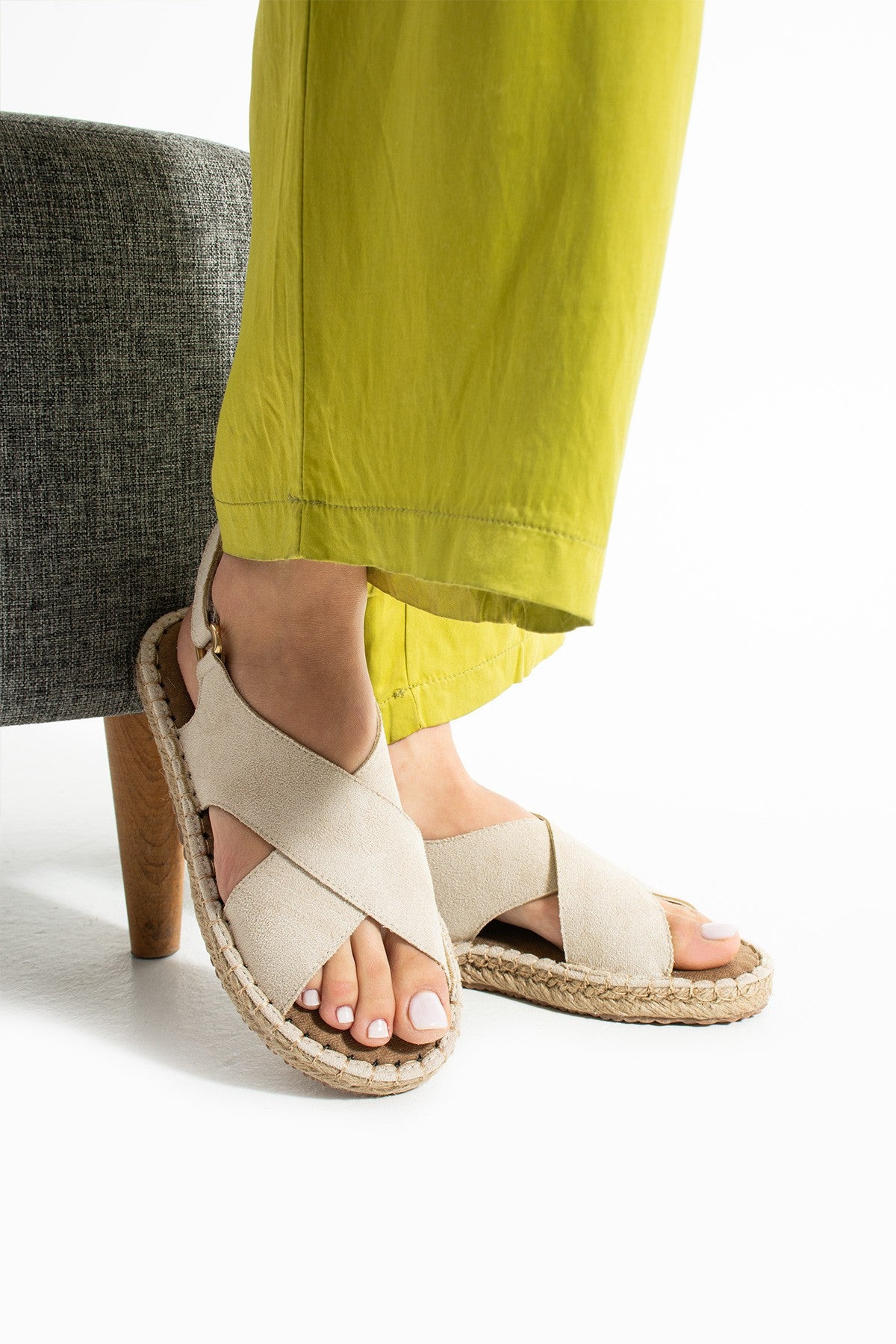 Bej Kadın Hasır Taban Anatomik Comfort Espadril Ergonomik Arka Cırtlı Günlük Sandalet