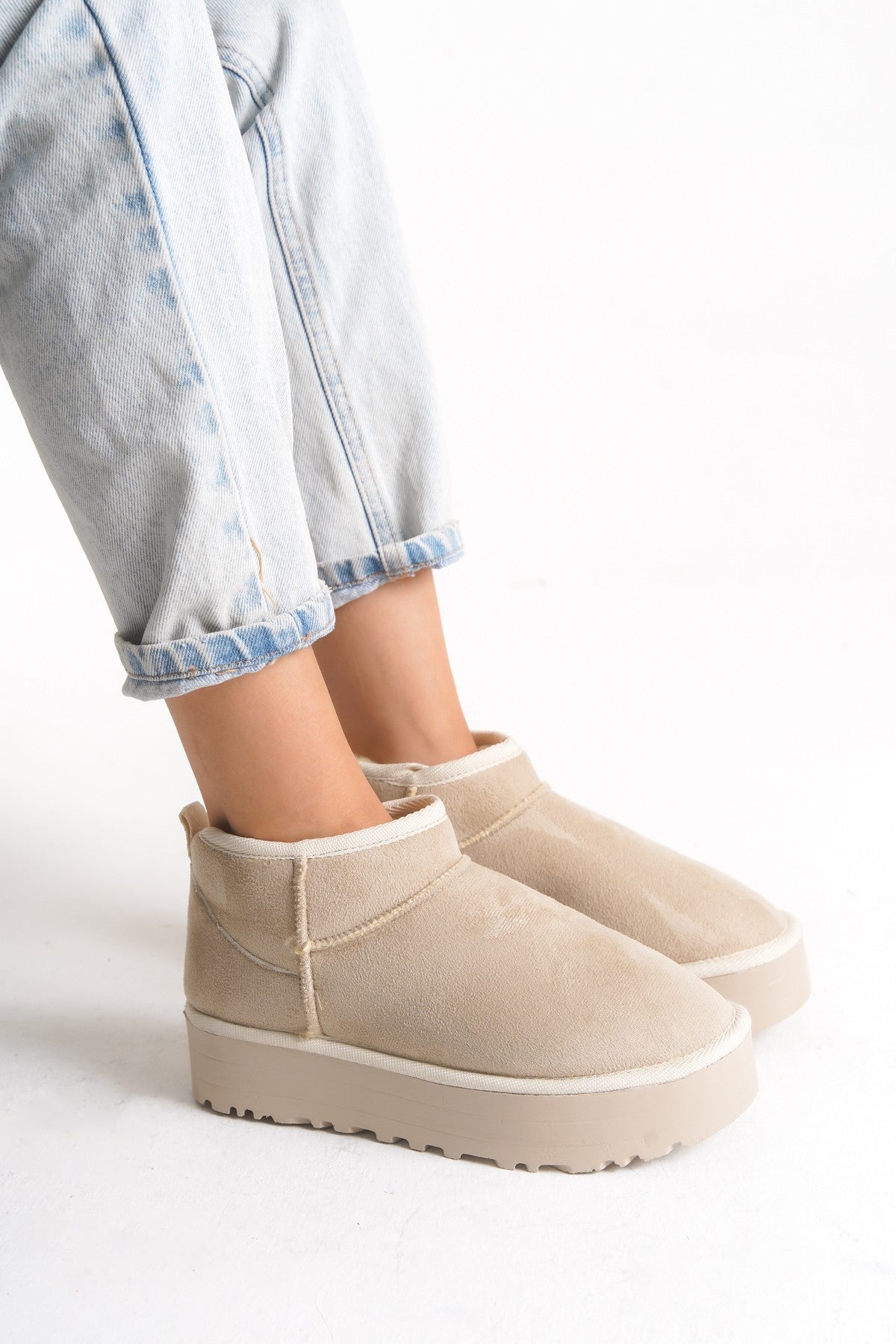 Bej Kadın Tüylü Bot Kışlık Yumuşak Rahat Slip On Yarım Bot