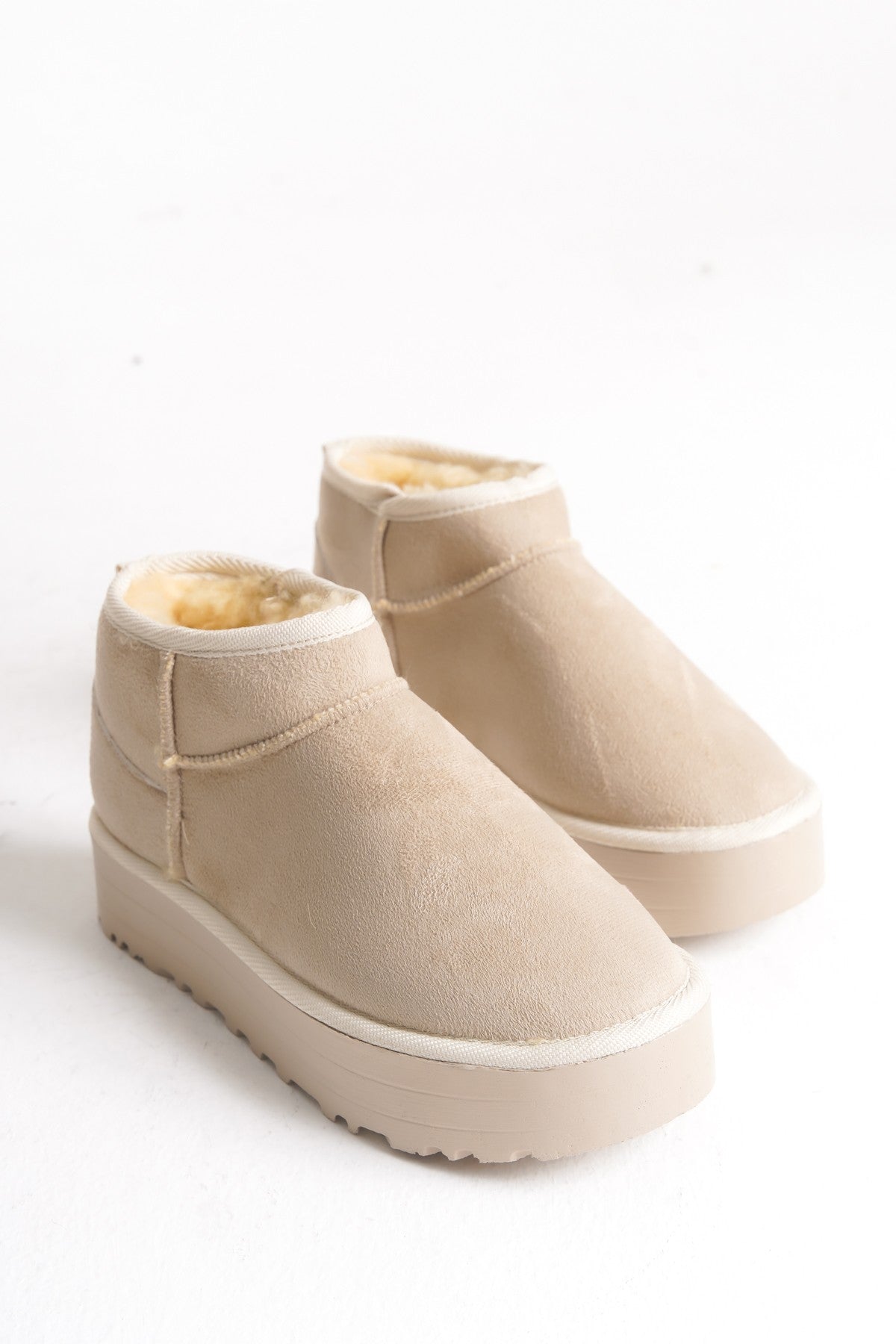 Bej Kadın Tüylü Bot Kışlık Yumuşak Rahat Slip On Yarım Bot