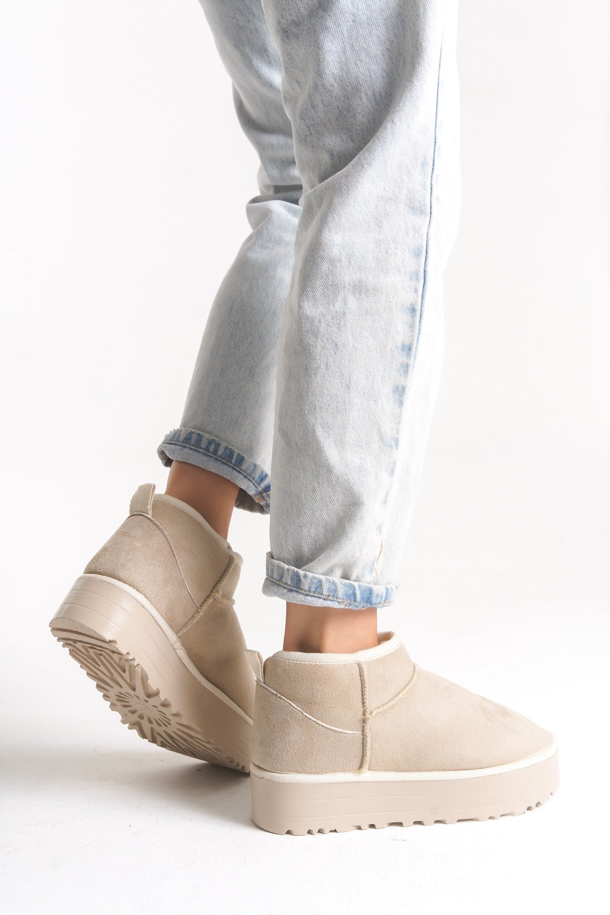 Bej Kadın Tüylü Bot Kışlık Yumuşak Rahat Slip On Yarım Bot