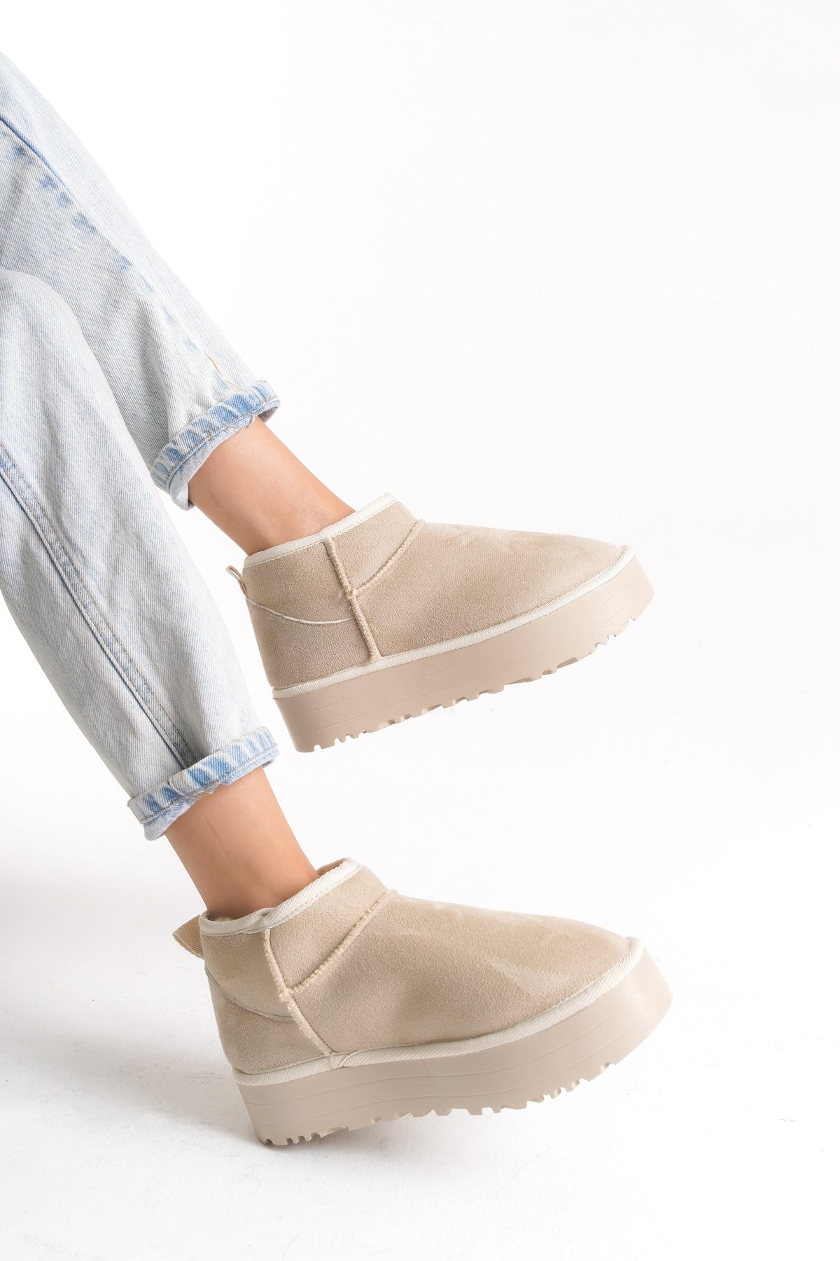 Bej Kadın Tüylü Bot Kışlık Yumuşak Rahat Slip On Yarım Bot