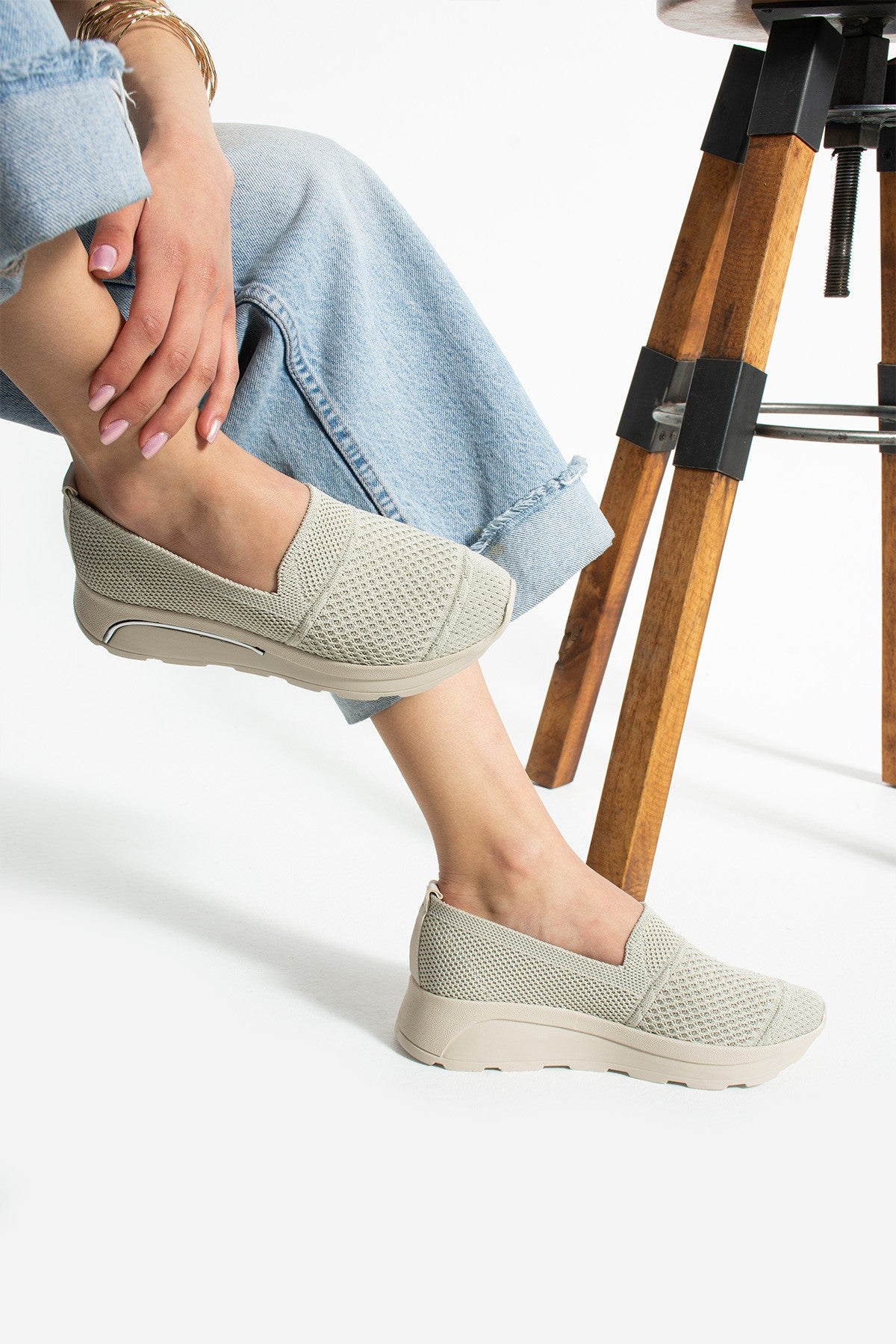 Bej Triko Rahat Spor Ayakkabı Comfort Yumuşak Tabanlı Snekaer