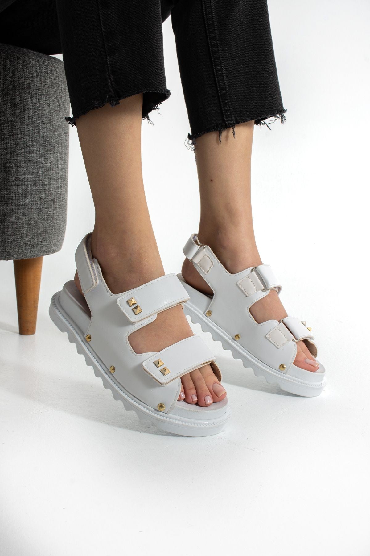 Beyaz Kadın Çift Tokalı Rahat Anatomik Comfort Ergonomik Flatform Sandalet