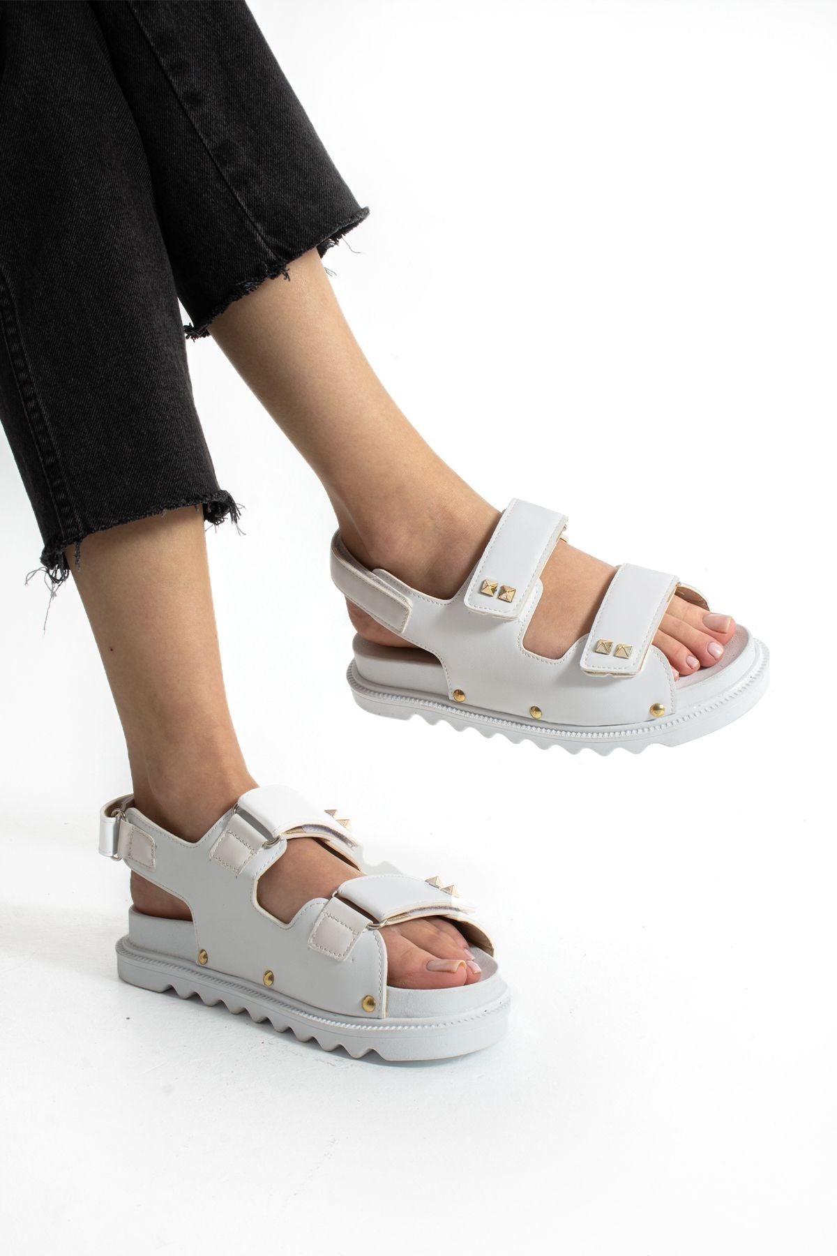 Beyaz Kadın Çift Tokalı Rahat Anatomik Comfort Ergonomik Flatform Sandalet