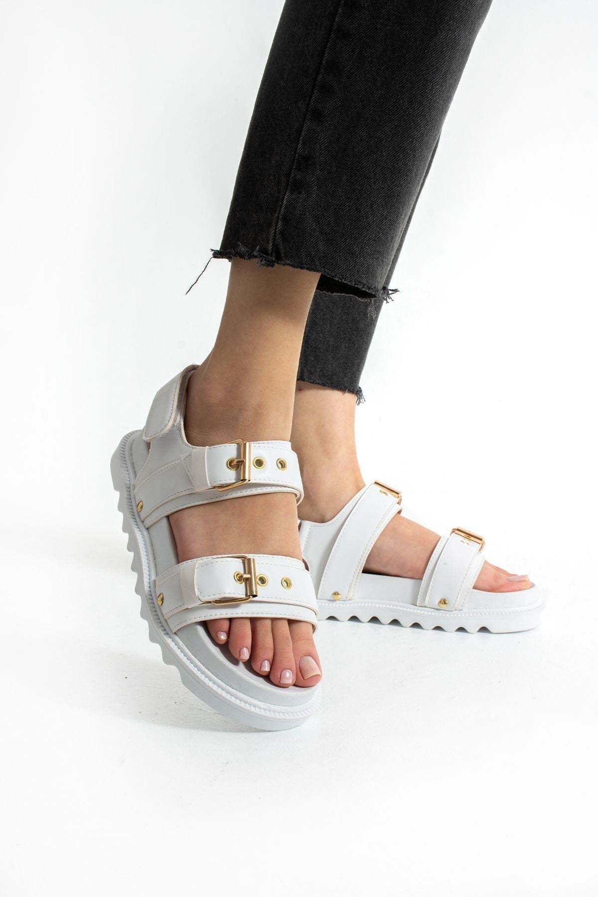 Beyaz Kadın Çift Tokalı Rahat Anatomik Comfort Ergonomik Flatform Sandalet