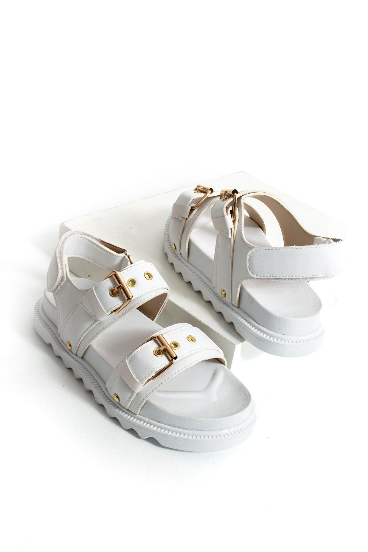 Beyaz Kadın Çift Tokalı Rahat Anatomik Comfort Ergonomik Flatform Sandalet