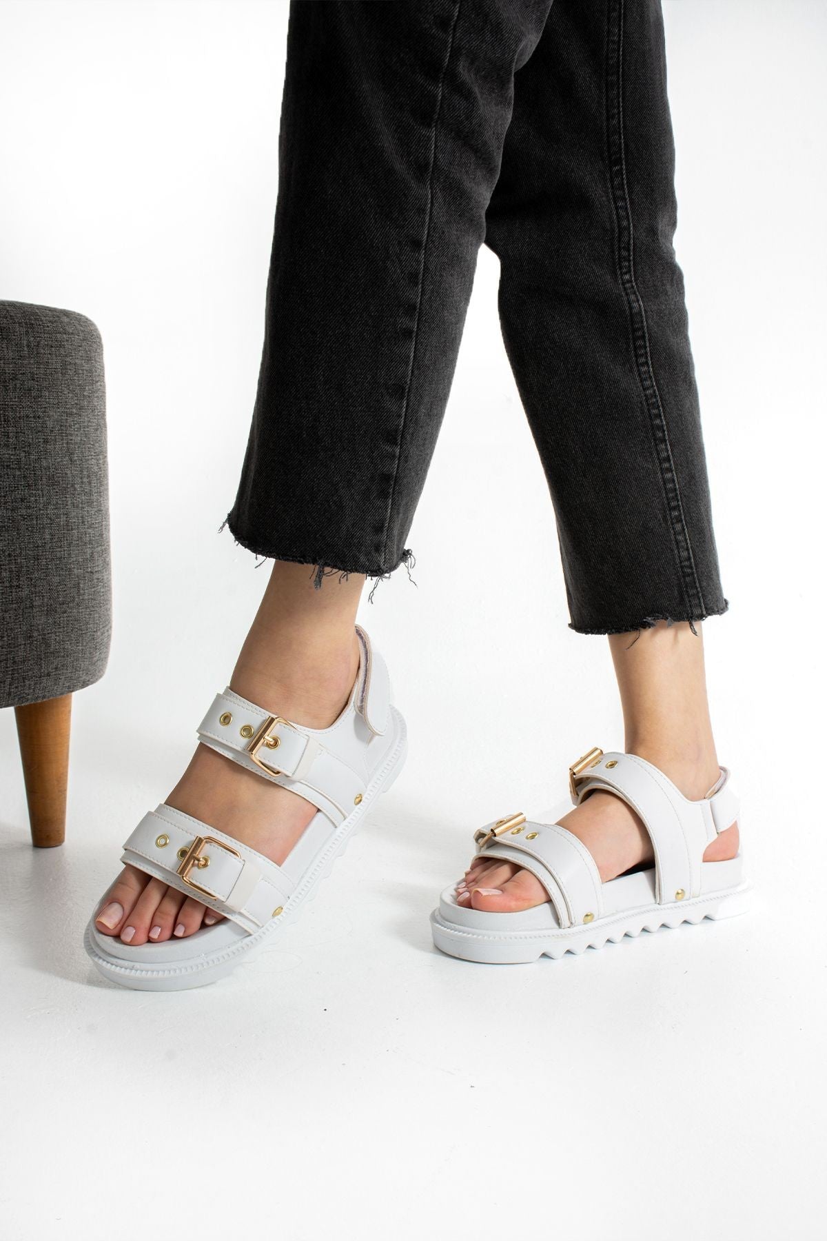 Beyaz Kadın Çift Tokalı Rahat Anatomik Comfort Ergonomik Flatform Sandalet