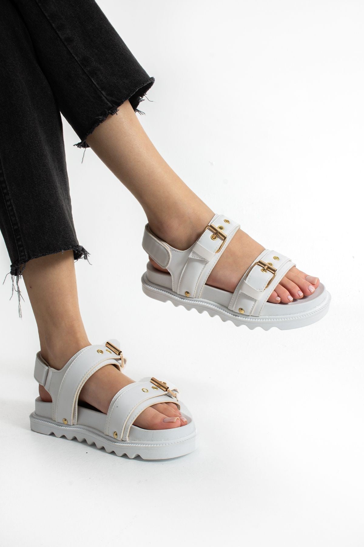 Beyaz Kadın Çift Tokalı Rahat Anatomik Comfort Ergonomik Flatform Sandalet