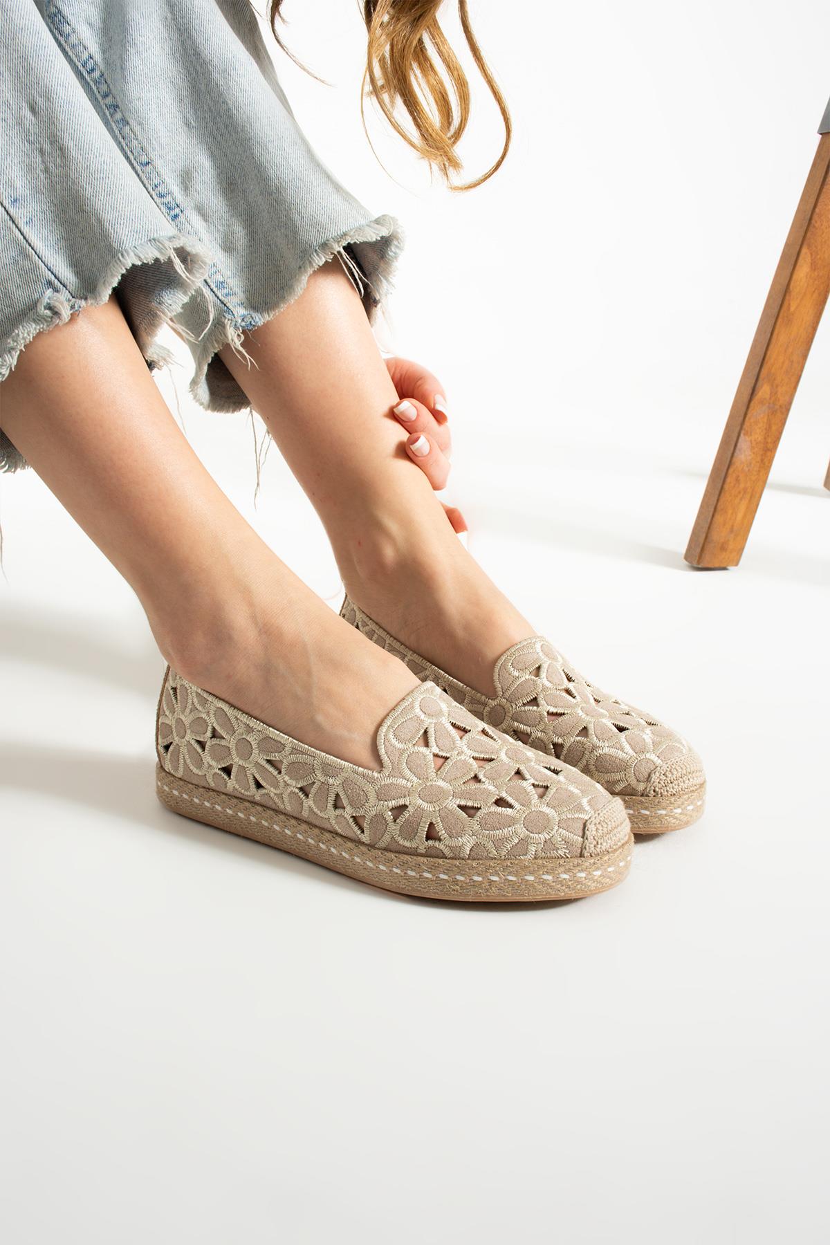 Kadın Desenli Süet Espadril Ayakkabı Rahat ve Ergonomik
