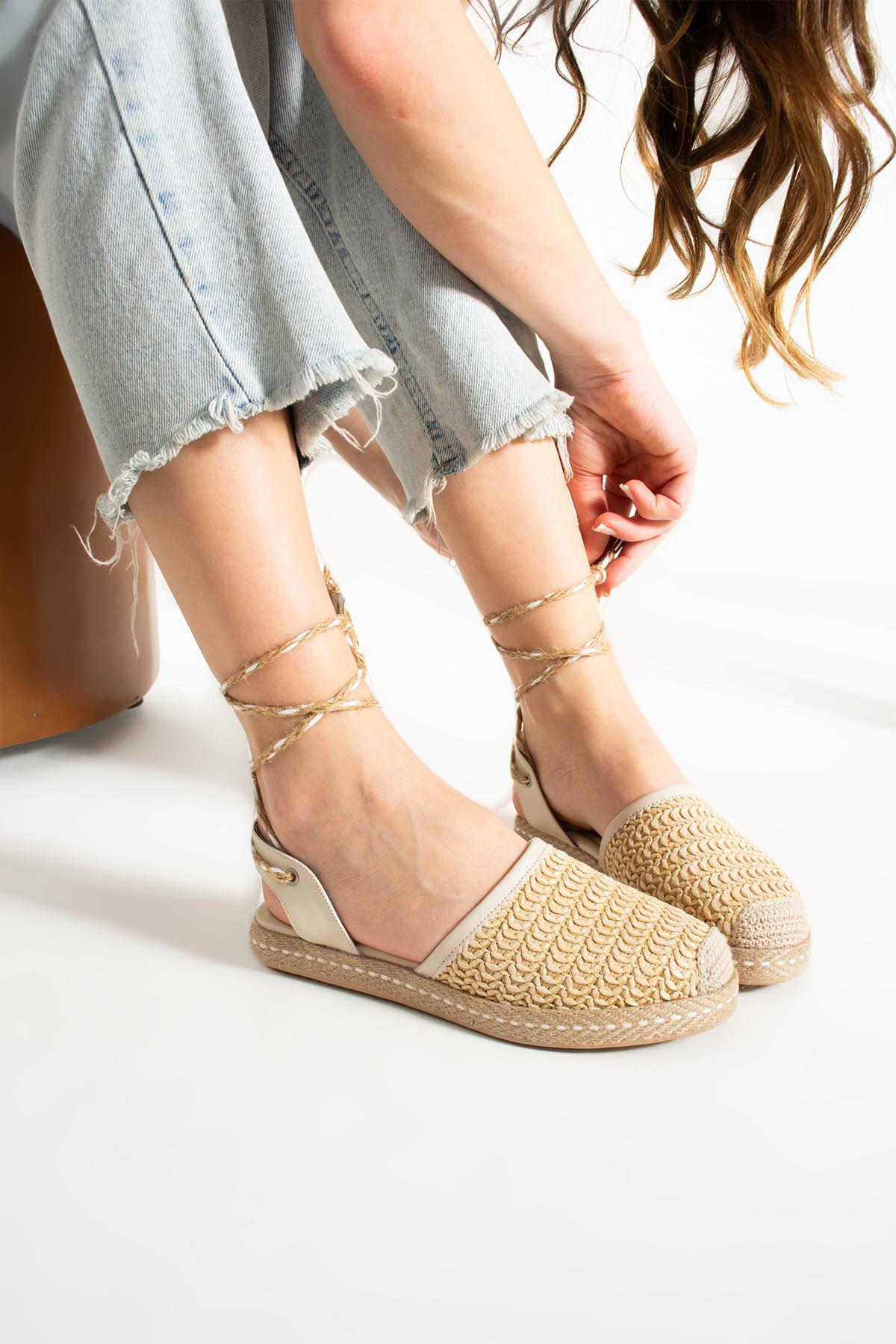 Kadın Hasır Taban Bilekten Bağlamalı Espadril Rahat ve Ergonomik Ayakkabı