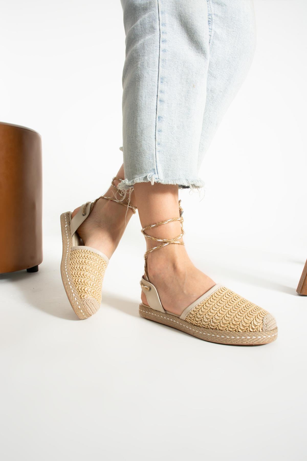 Kadın Hasır Taban Bilekten Bağlamalı Espadril Rahat ve Ergonomik Ayakkabı