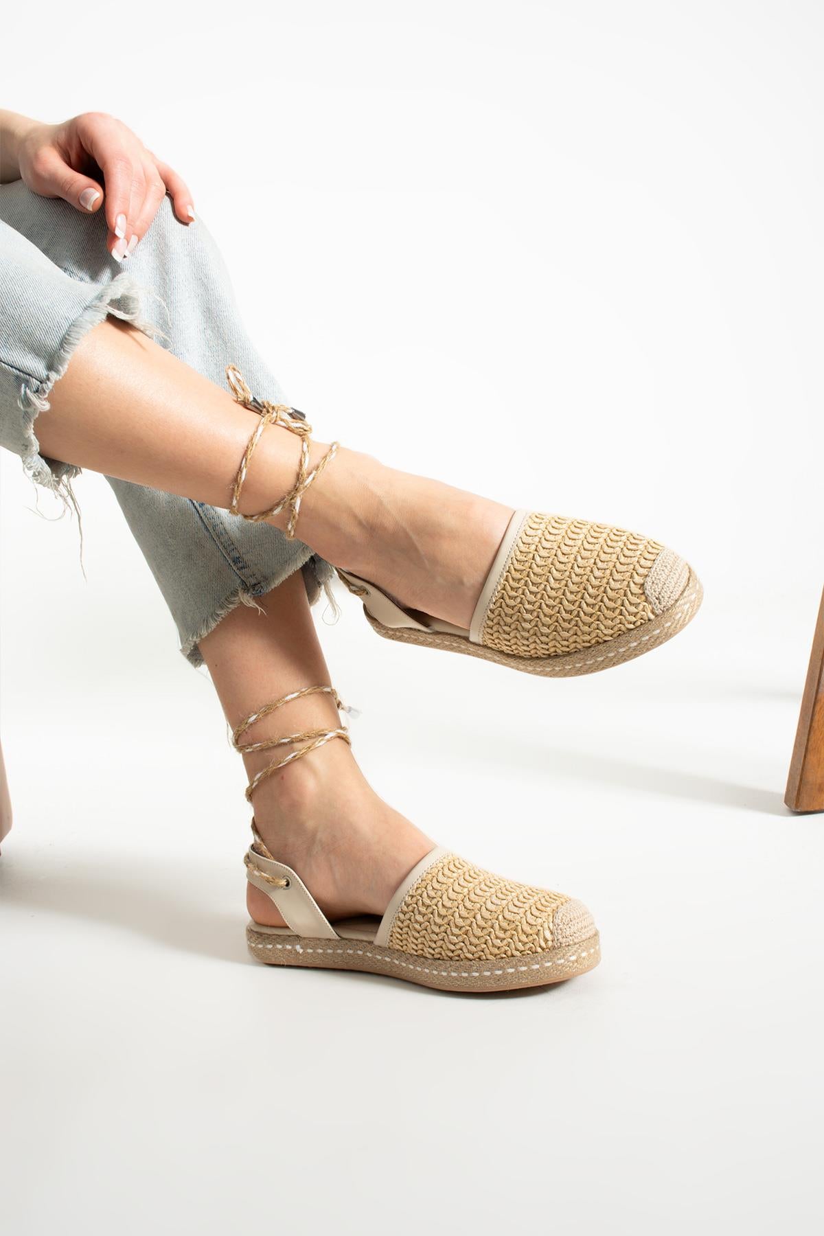 Kadın Hasır Taban Bilekten Bağlamalı Espadril Rahat ve Ergonomik Ayakkabı