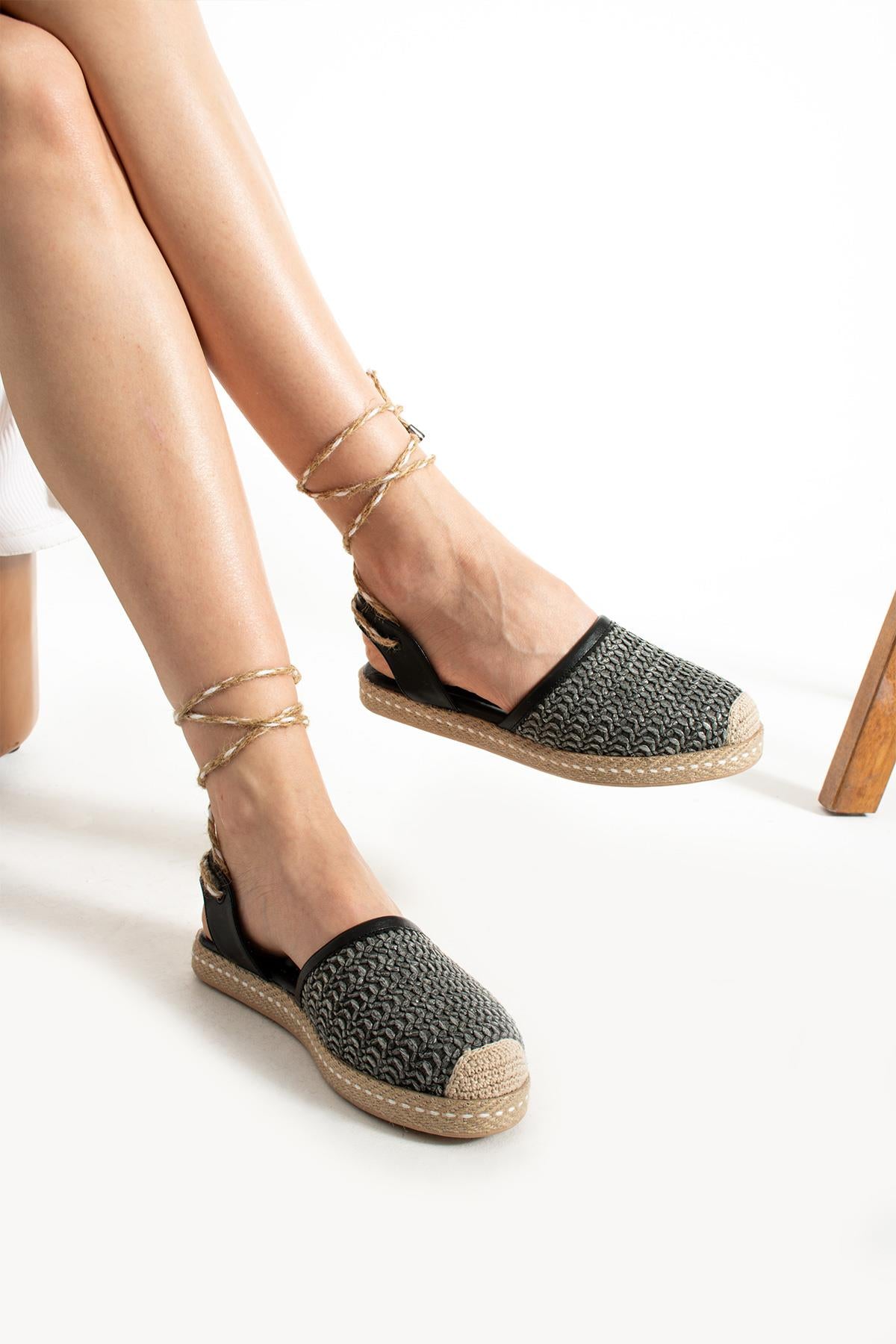 Kadın Hasır Taban Bilekten Bağlamalı Espadril Rahat ve Ergonomik Ayakkabı