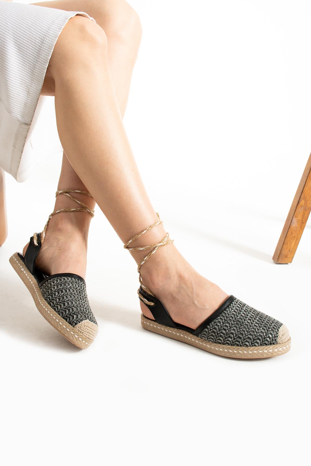 Kadın Hasır Taban Bilekten Bağlamalı Espadril Rahat ve Ergonomik Ayakkabı