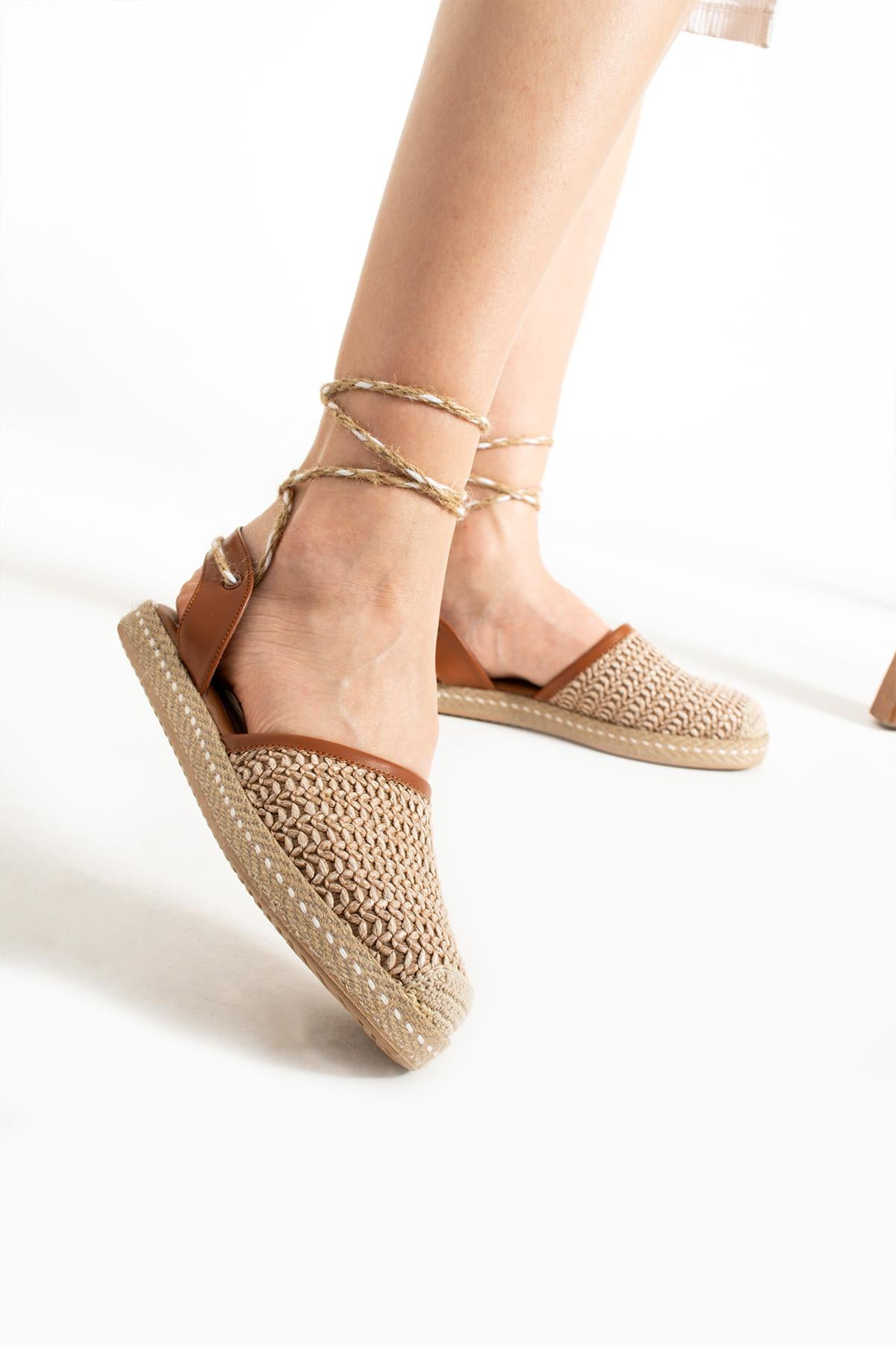 Kadın Hasır Taban Bilekten Bağlamalı Espadril Rahat ve Ergonomik Ayakkabı