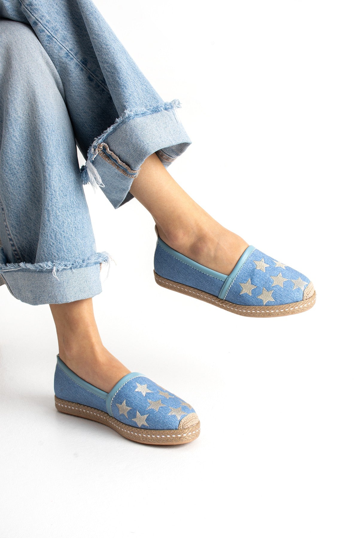 Mavi Kadın Hasır Taban Yıldız Detaylı Espadril Rahat ve Ergonomik Ayakkabı