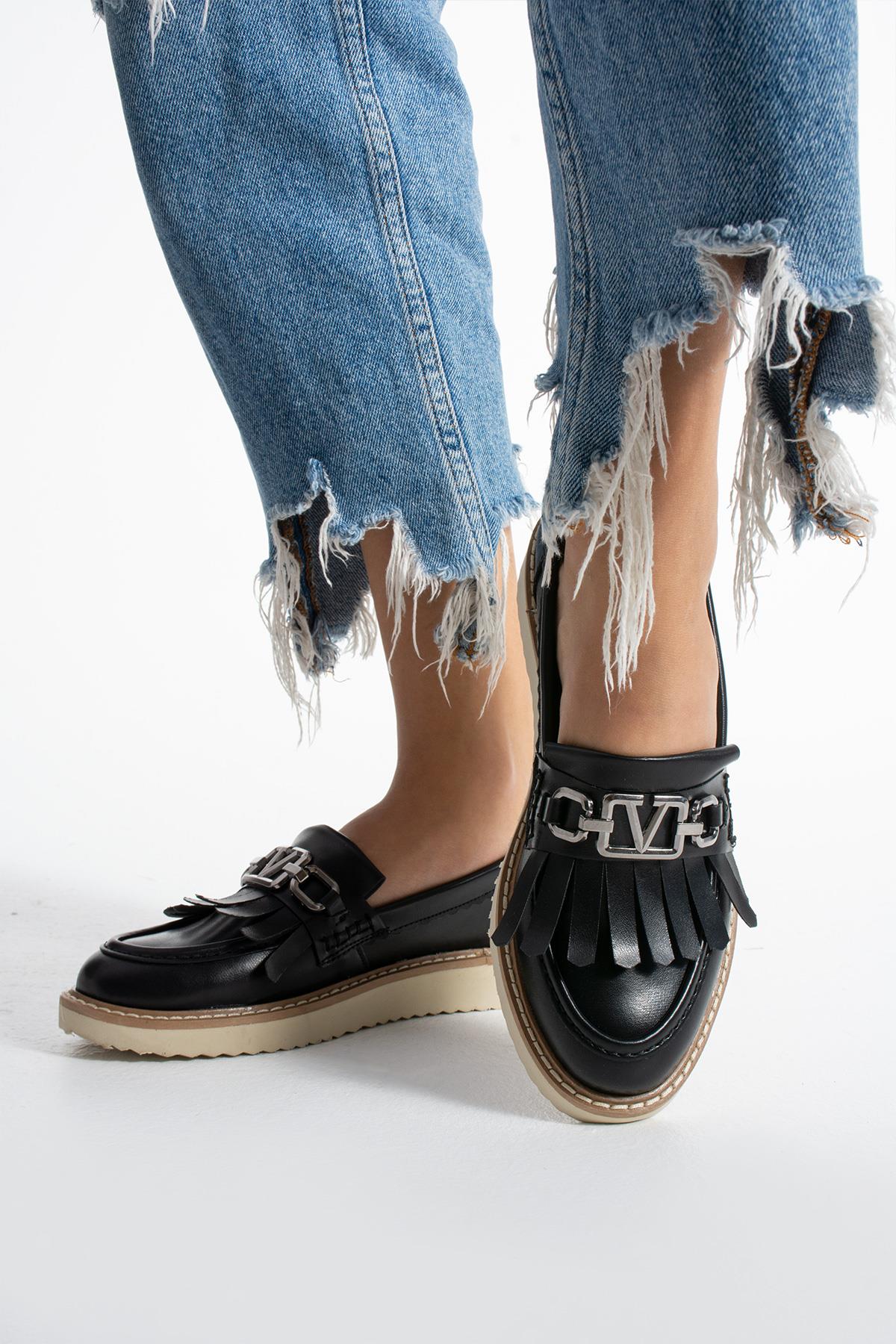 Siyah Kadın Loafer Püsküllü Günlük Rahat Ergonomik Ayakkabı