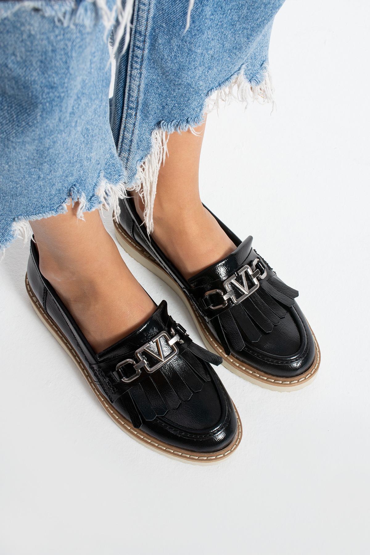 Siyah Kadın Loafer Püsküllü Günlük Rahat Ergonomik Ayakkabı