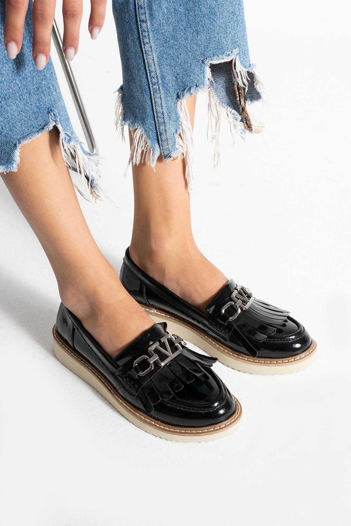 Siyah Kadın Loafer Püsküllü Günlük Rahat Ergonomik Ayakkabı