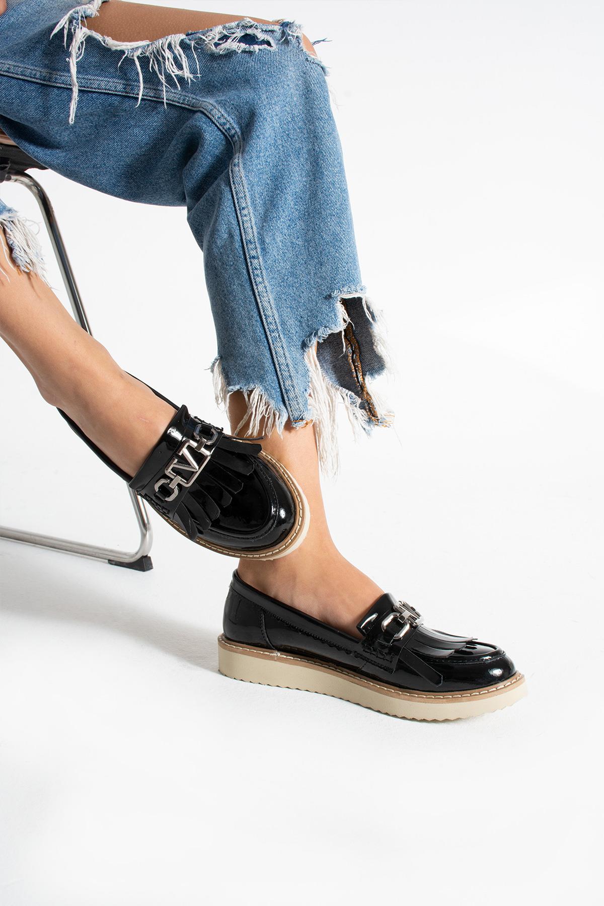 Siyah Kadın Loafer Püsküllü Günlük Rahat Ergonomik Ayakkabı