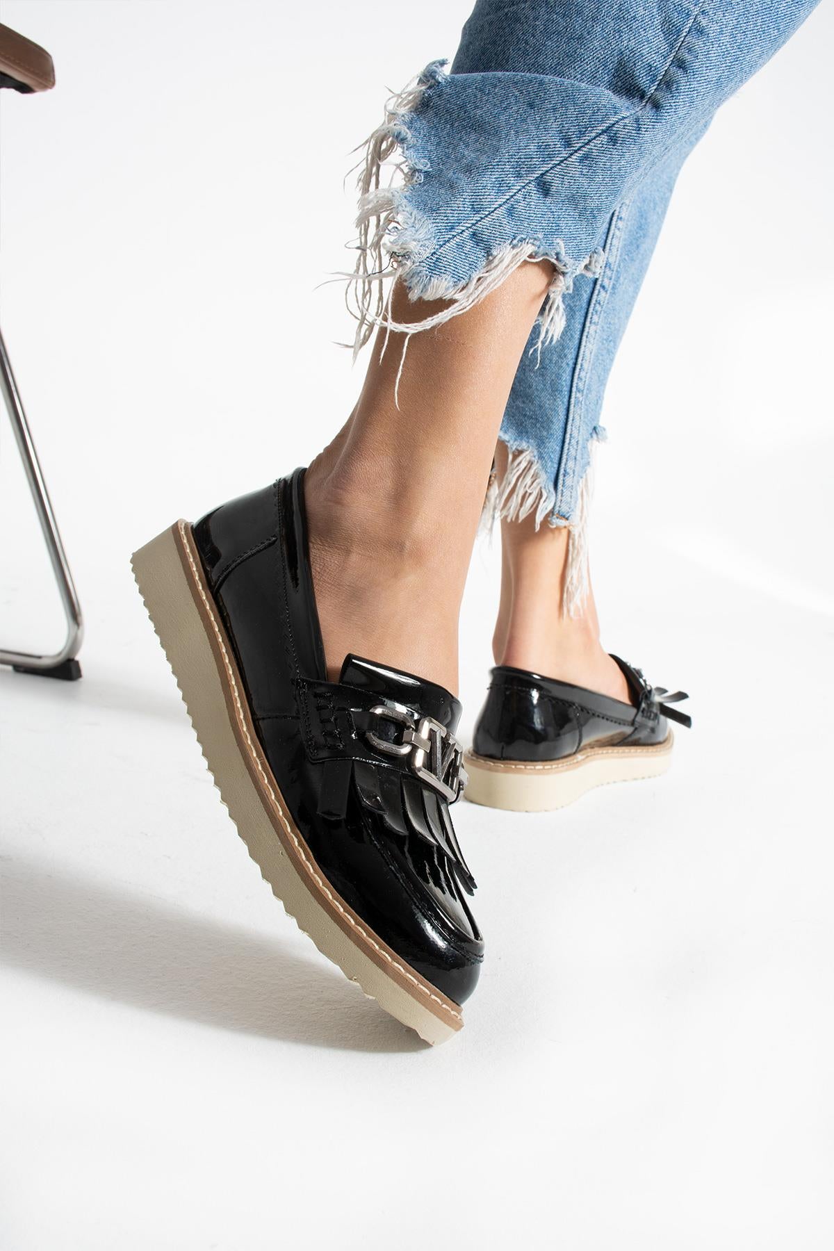 Siyah Kadın Loafer Püsküllü Günlük Rahat Ergonomik Ayakkabı