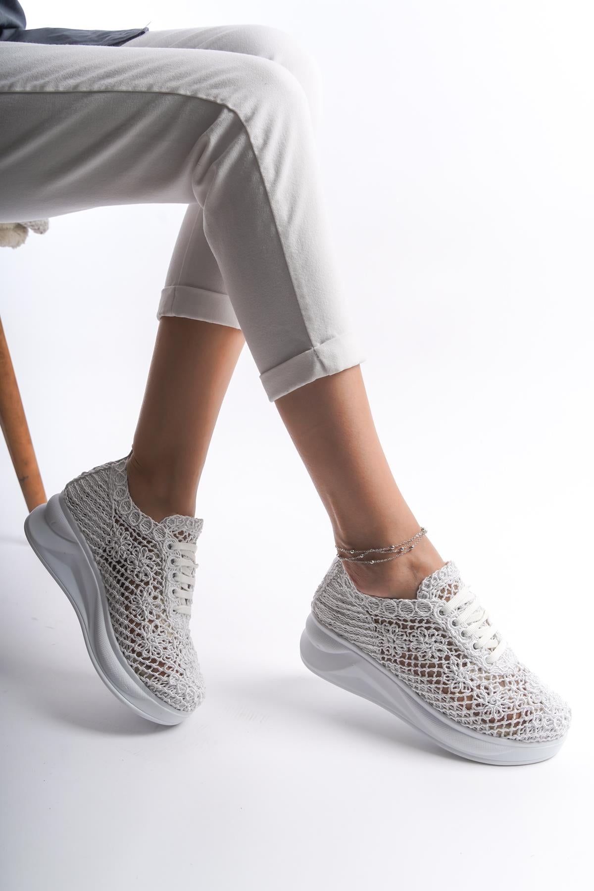 Kadın Örgü Bağcıklı Yüksek Taban Spor Ayakkabı Sneaker Casual Rahat Ergnonomik Ayakkabı