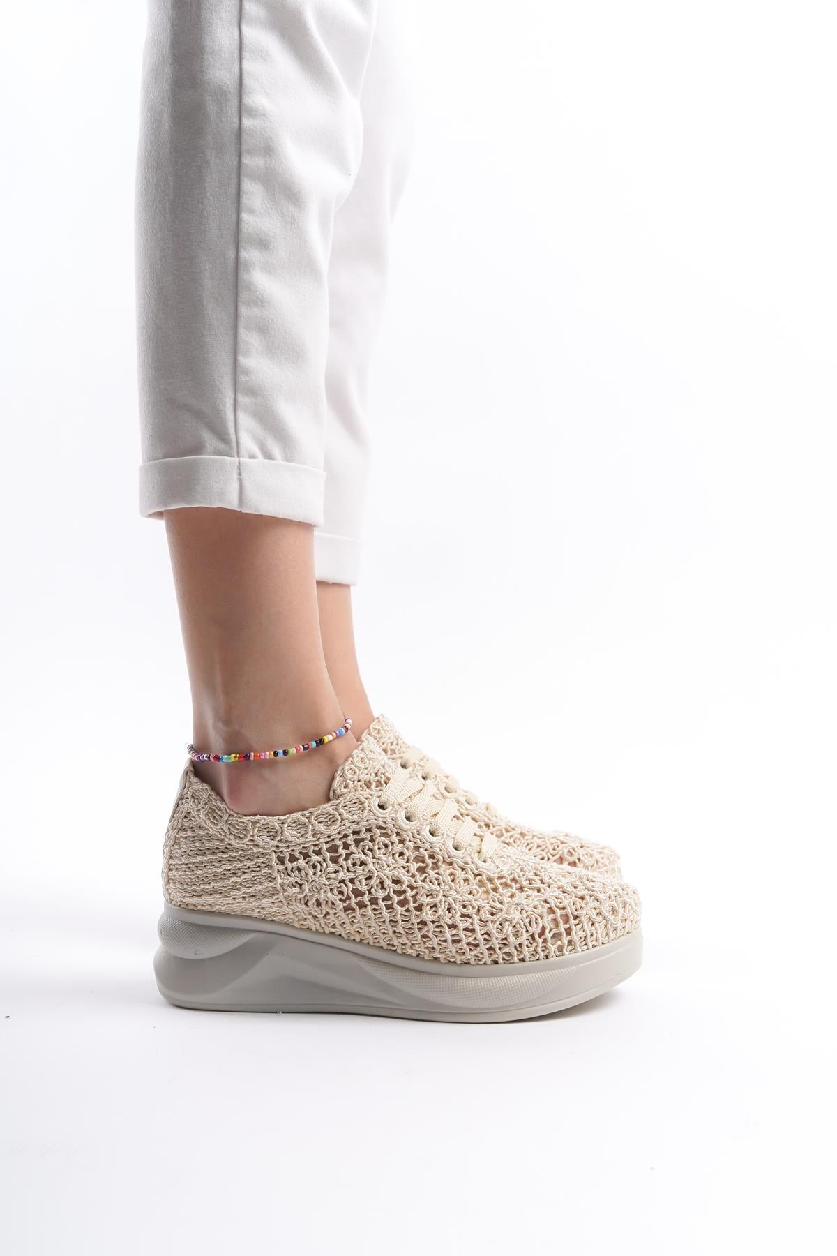 Kadın Örgü Bağcıklı Yüksek Taban Spor Ayakkabı Sneaker Casual Rahat Ergnonomik Ayakkabı