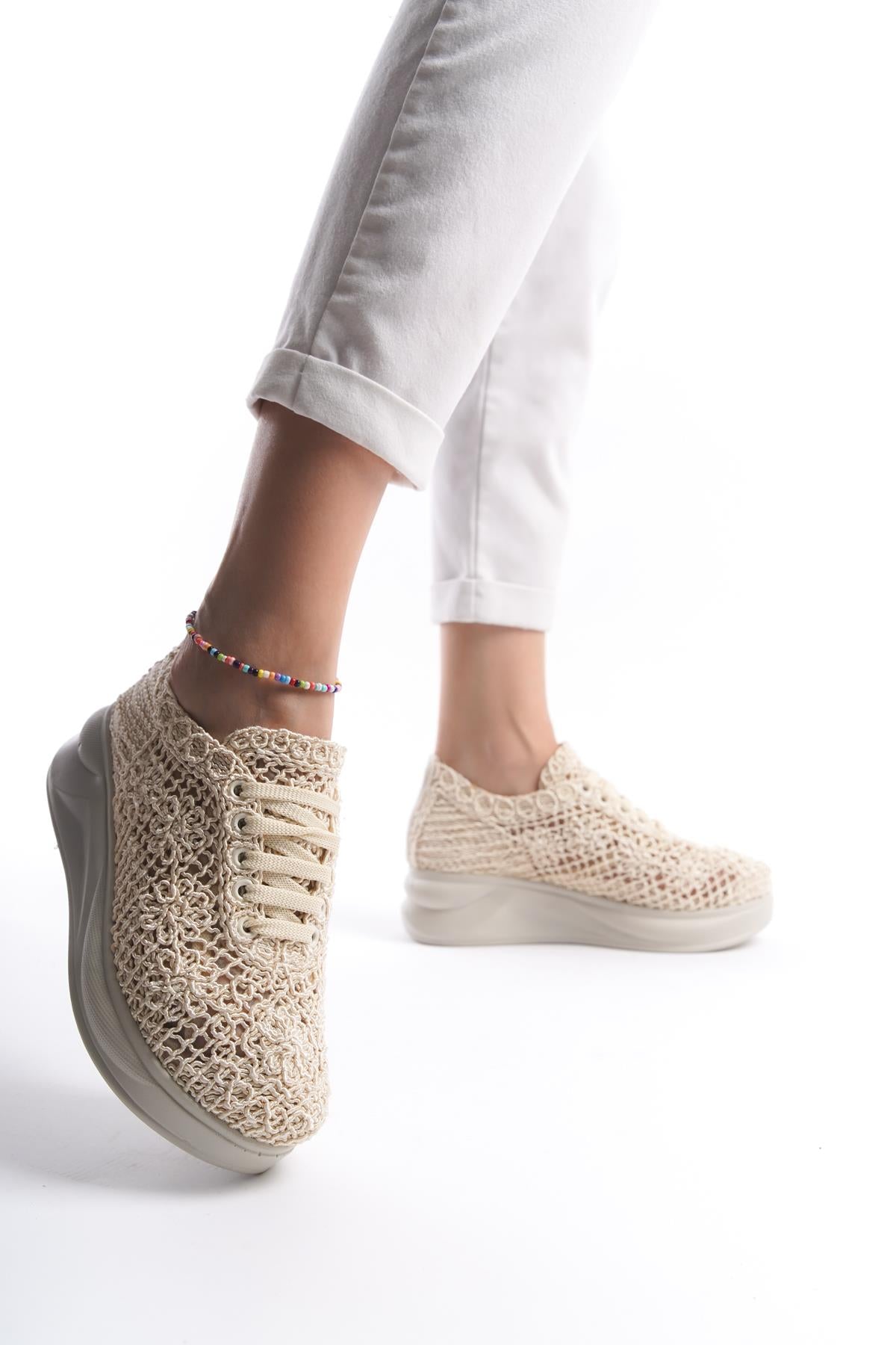 Kadın Örgü Bağcıklı Yüksek Taban Spor Ayakkabı Sneaker Casual Rahat Ergnonomik Ayakkabı