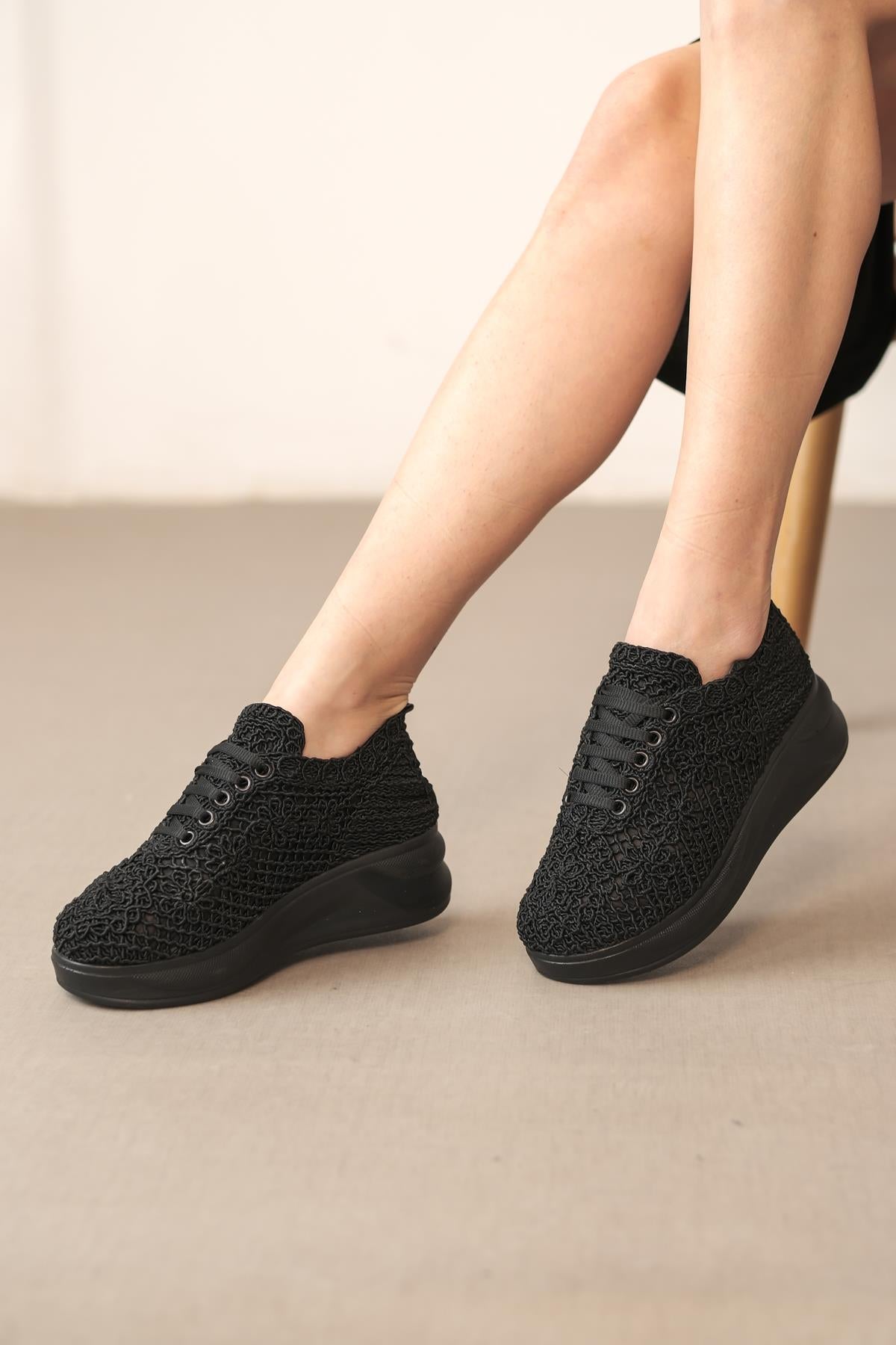 Kadın Örgü Bağcıklı Yüksek Taban Spor Ayakkabı Sneaker Casual Rahat Ergnonomik Ayakkabı