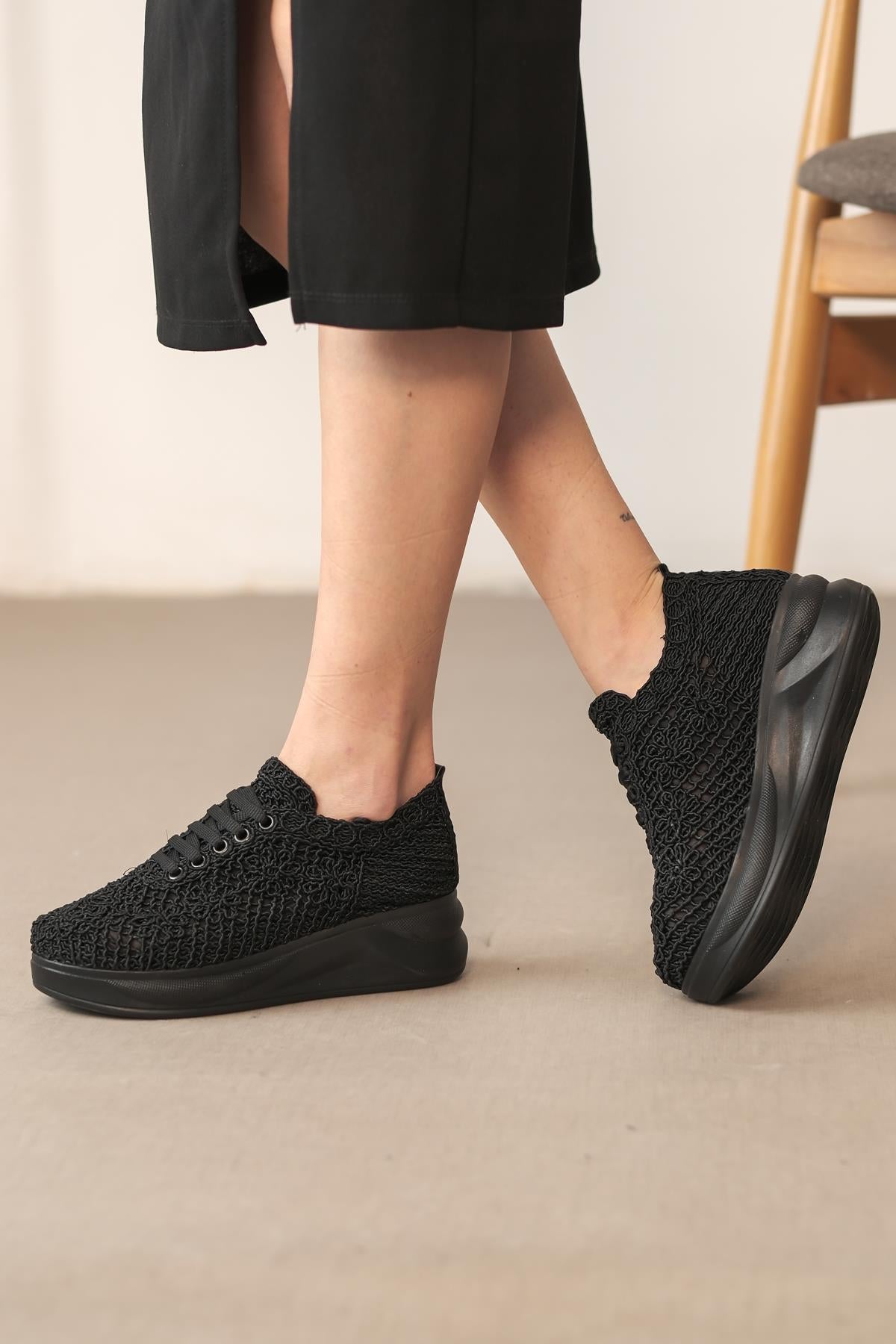Kadın Örgü Bağcıklı Yüksek Taban Spor Ayakkabı Sneaker Casual Rahat Ergnonomik Ayakkabı