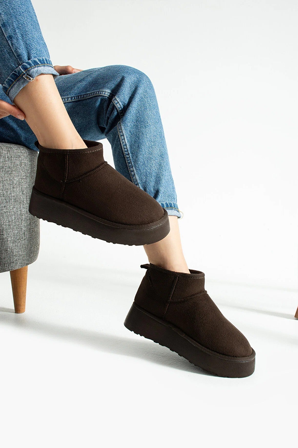 Kahve Kadın Tüylü Bot Kışlık Yumuşak Rahat Slip On Yarım Bot