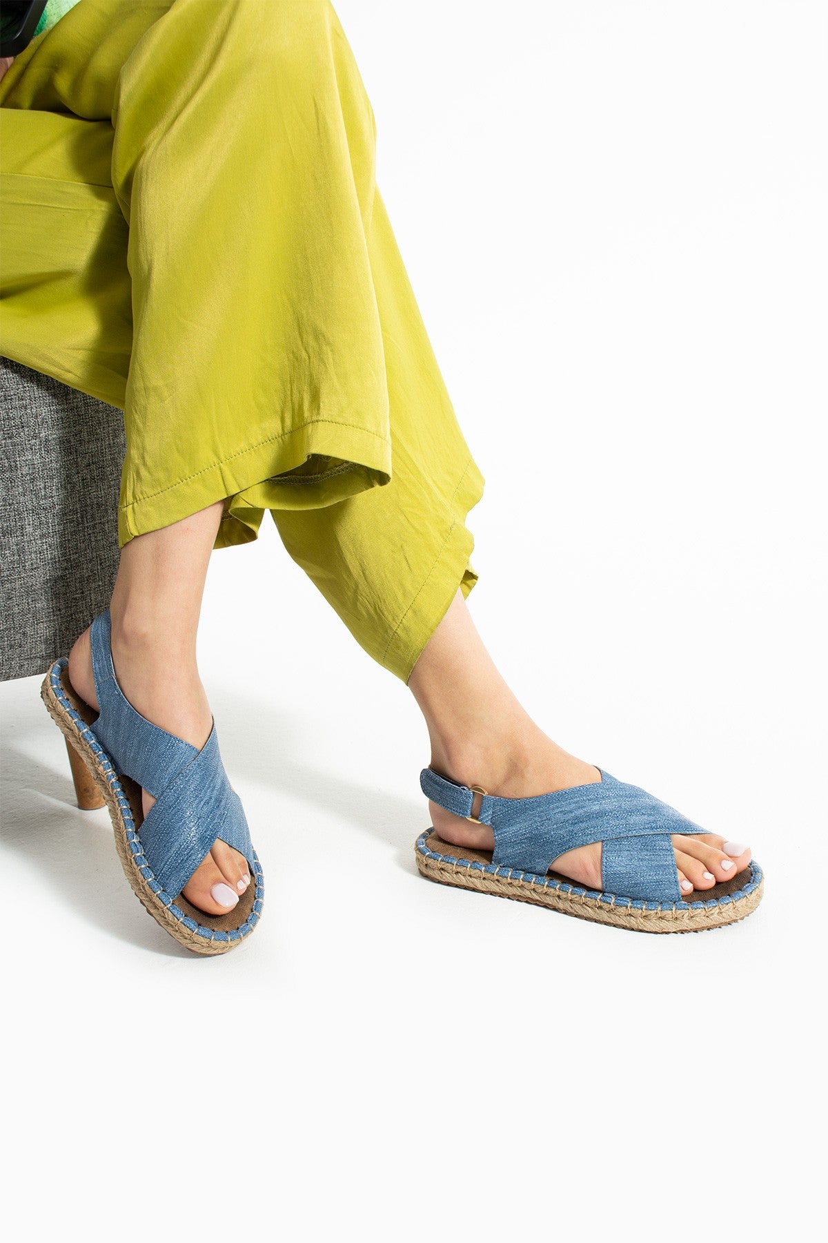 Kot Mavi Kadın Hasır Taban Anatomik Comfort Espadril Ergonomik Arka Cırtlı Günlük Sandalet