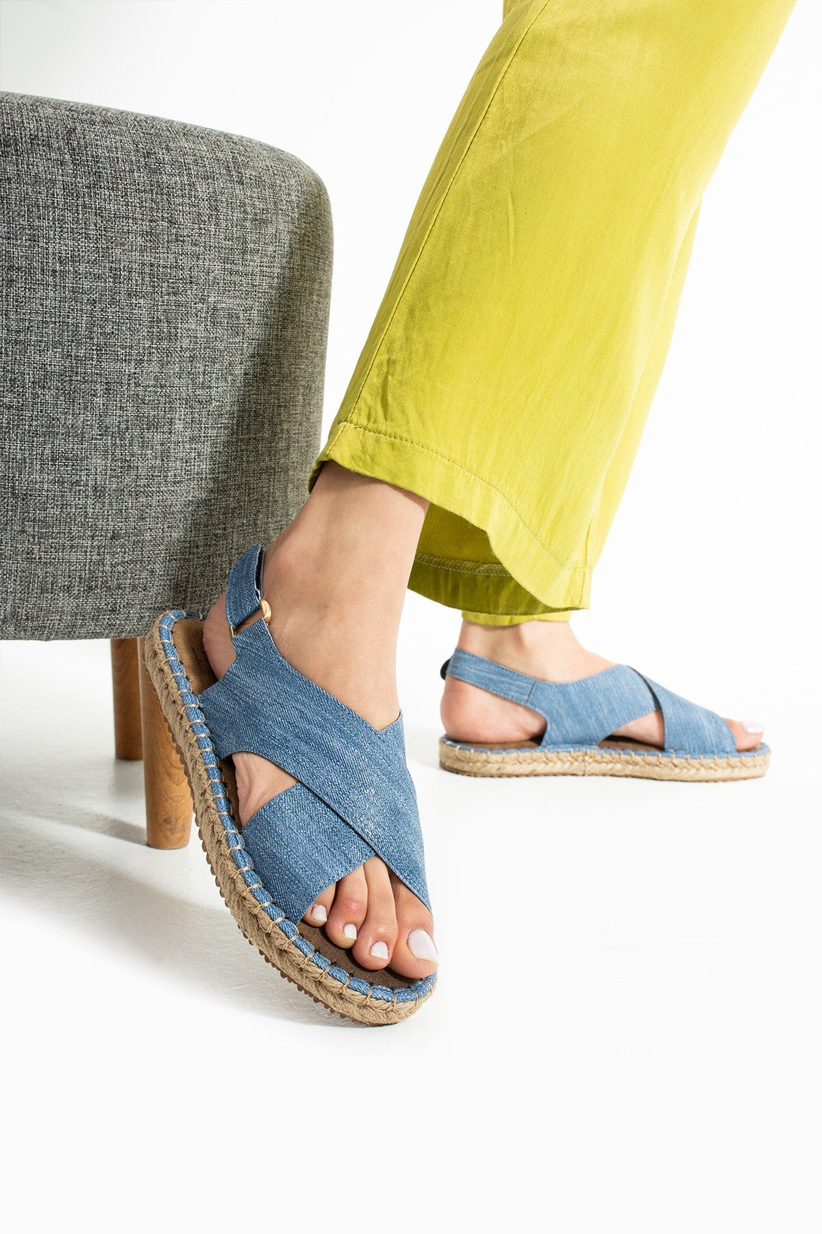 Kot Mavi Kadın Hasır Taban Anatomik Comfort Espadril Ergonomik Arka Cırtlı Günlük Sandalet